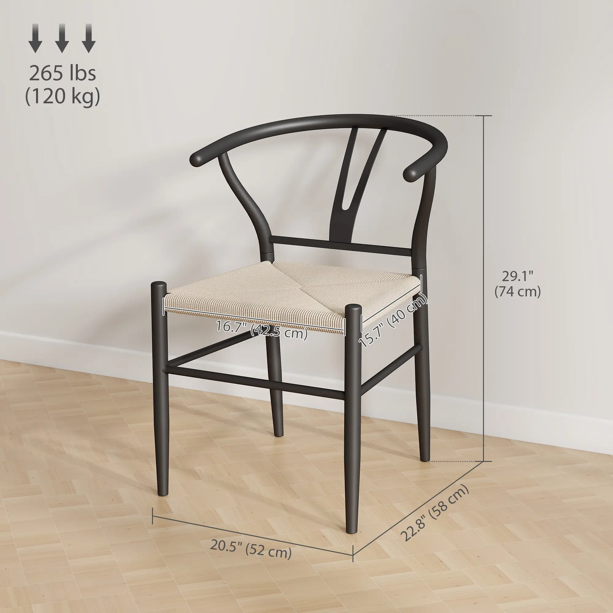 Set of 2 Weave Dining Chairs, Mid-Century Modern, Y-Shaped Backrest, Hemp Seat, Black - Image 3