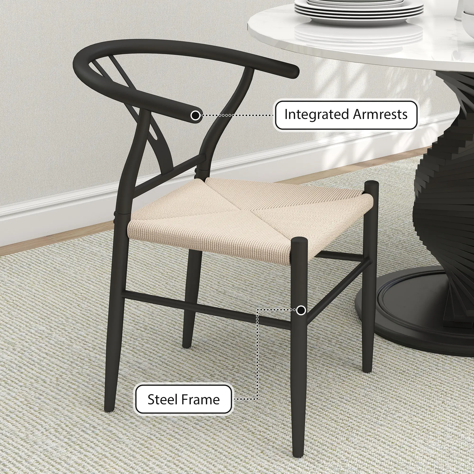 Set of 2 Weave Dining Chairs, Mid-Century Modern, Y-Shaped Backrest, Hemp Seat, Black - Image 5