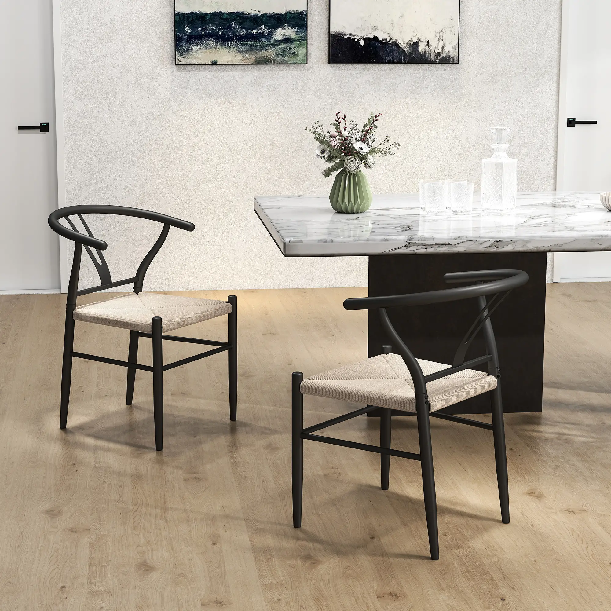Set of 2 Weave Dining Chairs, Mid-Century Modern, Y-Shaped Backrest, Hemp Seat, Black - Image 6