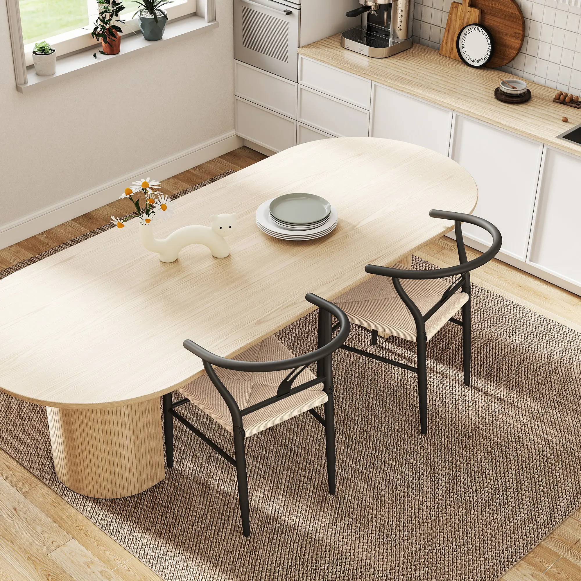 Set of 2 Weave Dining Chairs, Mid-Century Modern, Y-Shaped Backrest, Hemp Seat, Black - Image 7