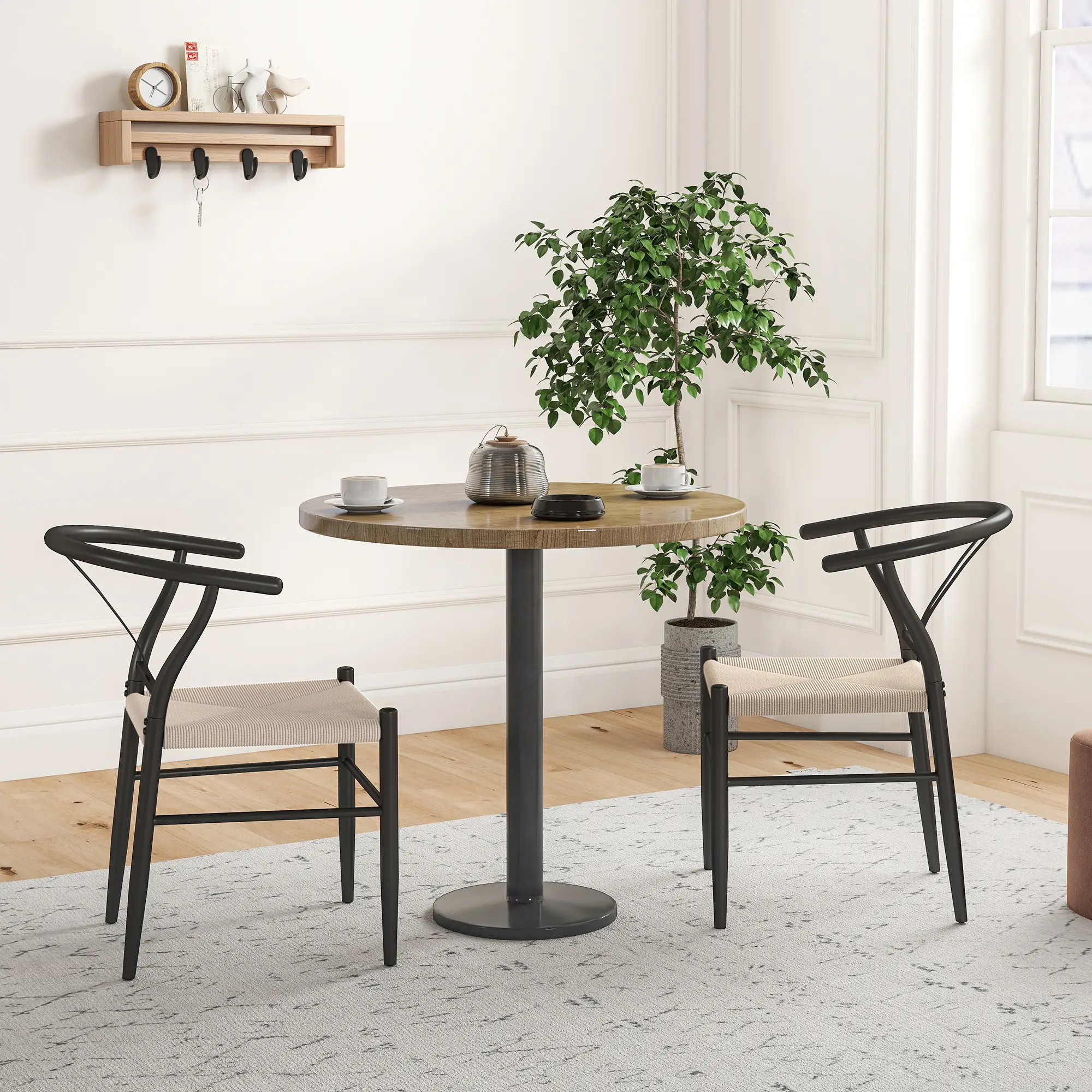 Set of 2 Weave Dining Chairs, Mid-Century Modern, Y-Shaped Backrest, Hemp Seat, Black - Image 8
