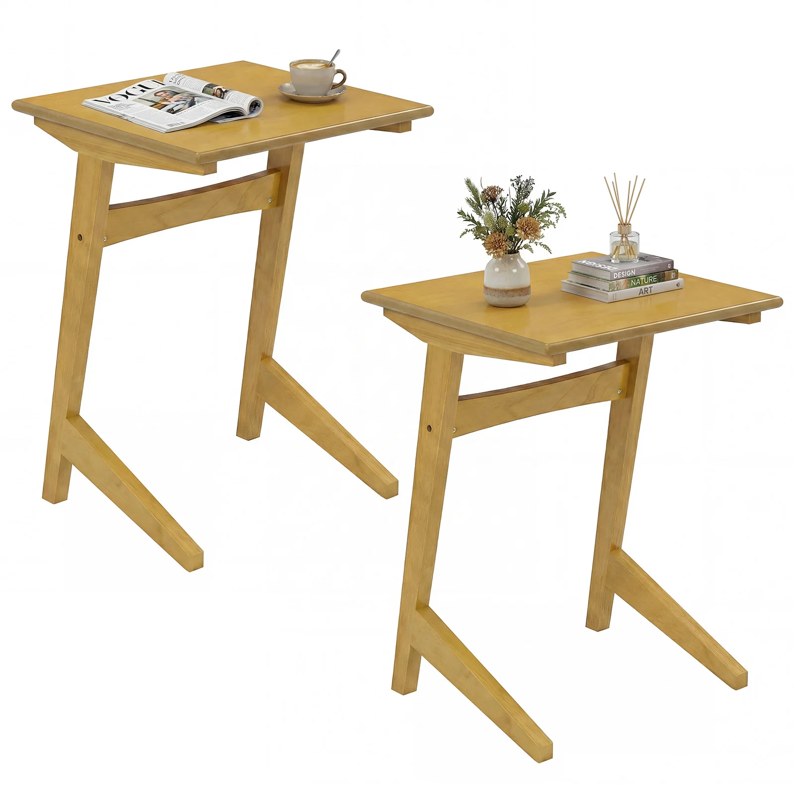 Set Of 2 Wood C-Shaped Side Tables, Wood Veneered Top, Natural