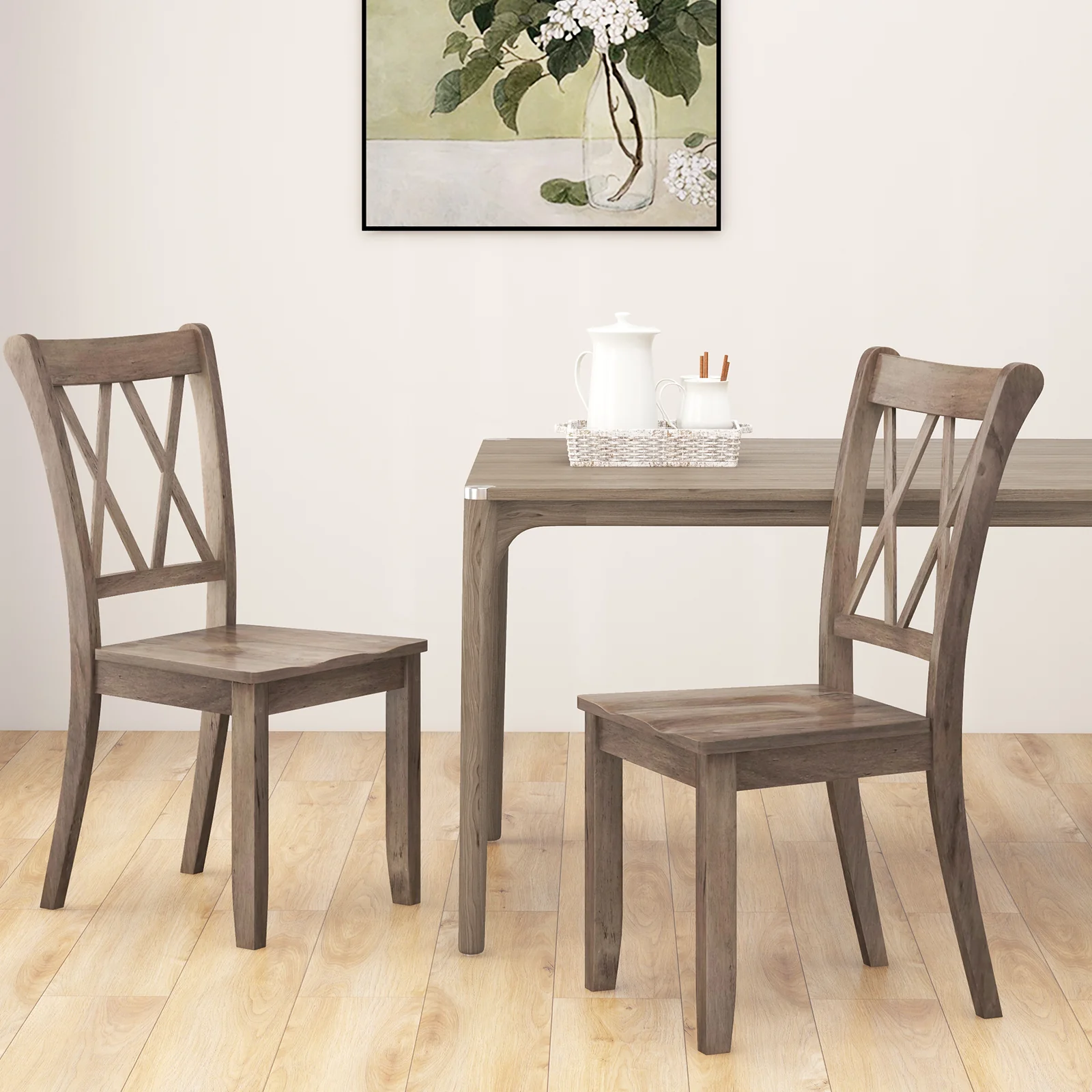 Set of 2 Wooden Dining Chairs, Mid Century Farmhouse Retro, Brown - Image 3