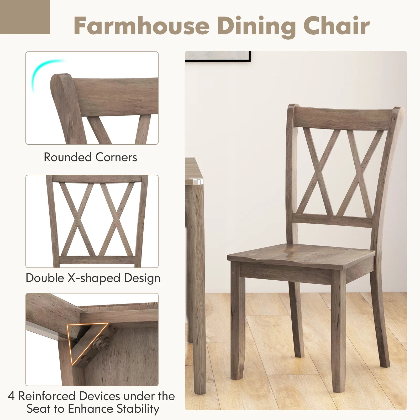 Set of 2 Wooden Dining Chairs, Mid Century Farmhouse Retro, Brown - Image 7
