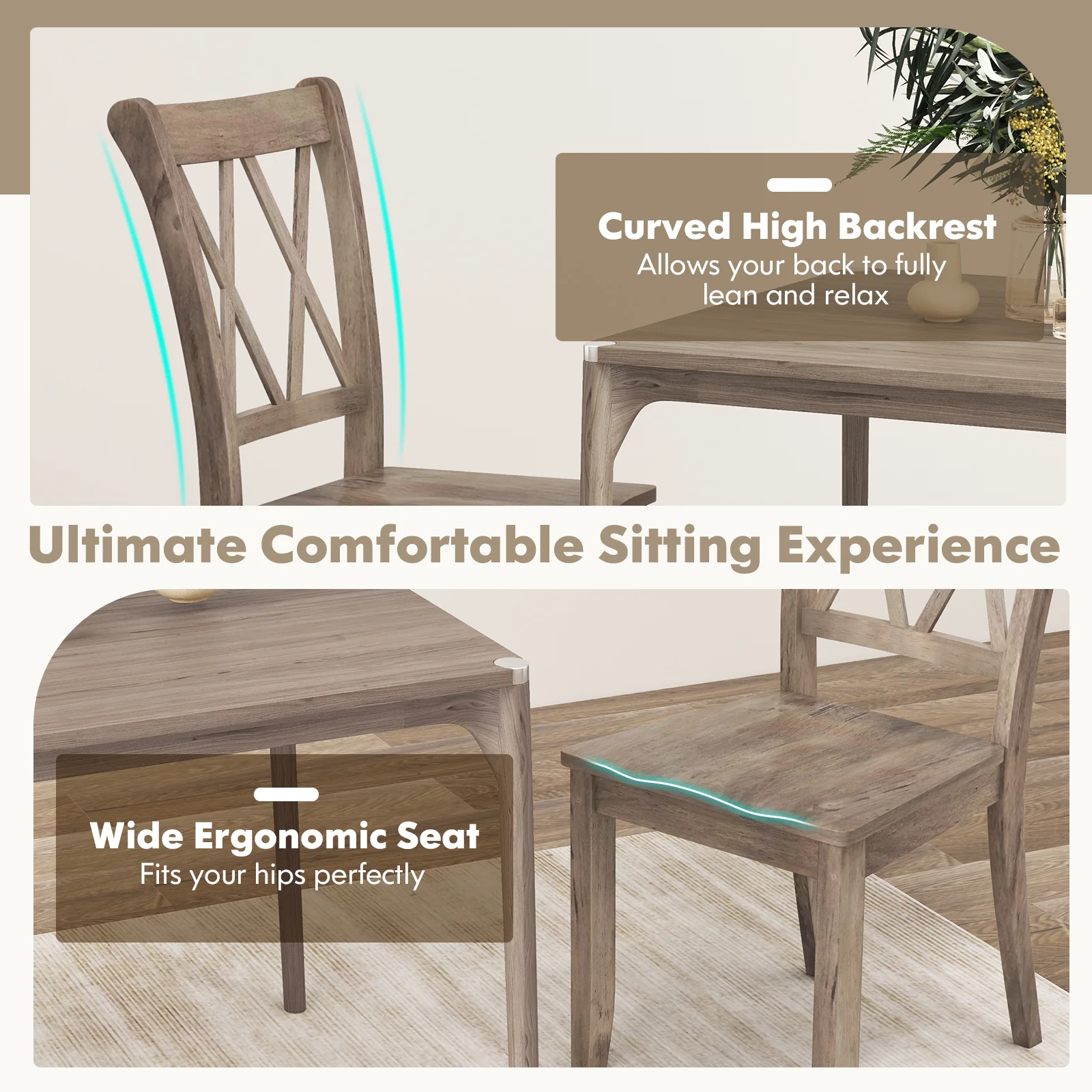 Set of 2 Wooden Dining Chairs, Mid Century Farmhouse Retro, Brown - Image 9