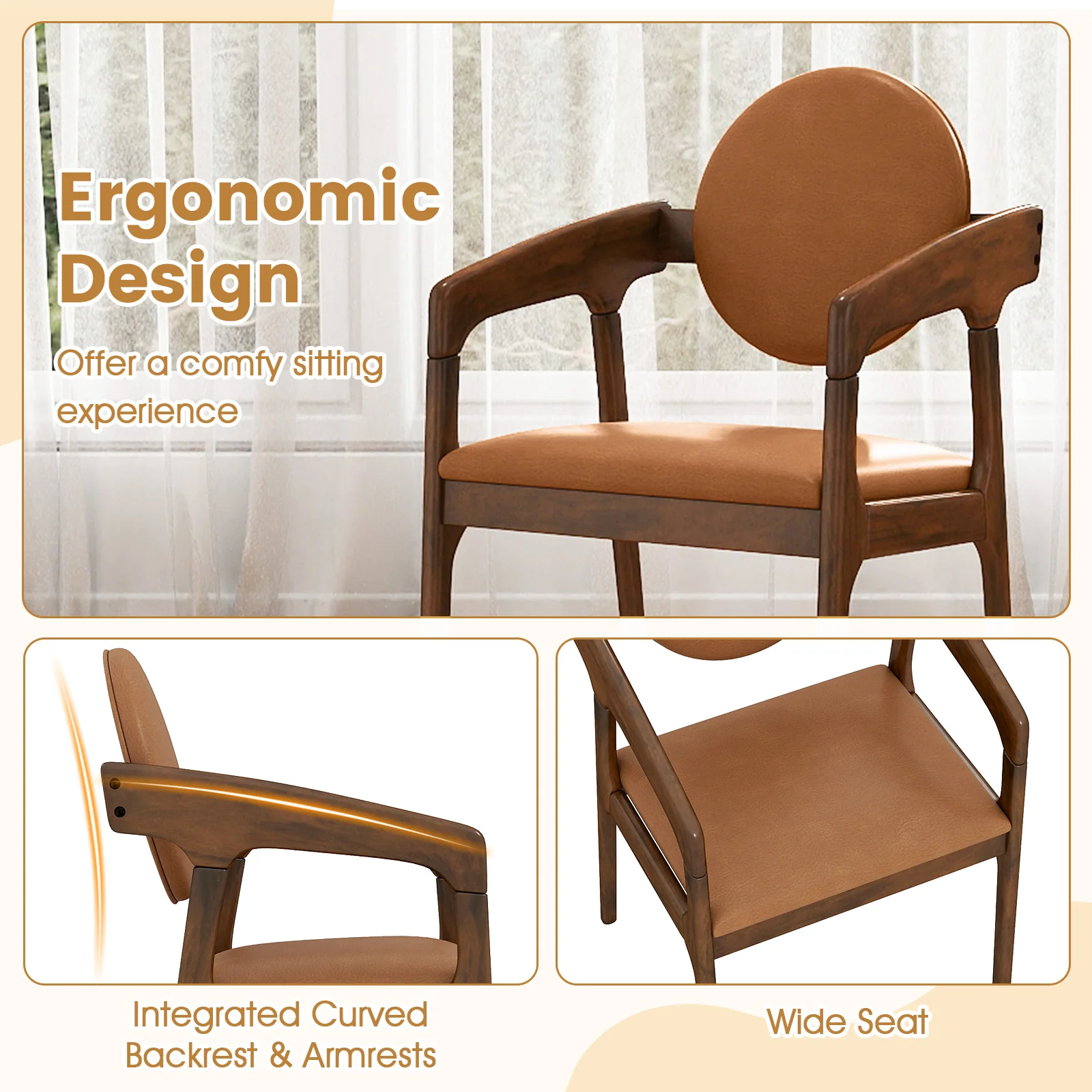 Set of 2 Wooden Dining Chairs, PU Leather Upholstered Armchairs, Brown - Image 9