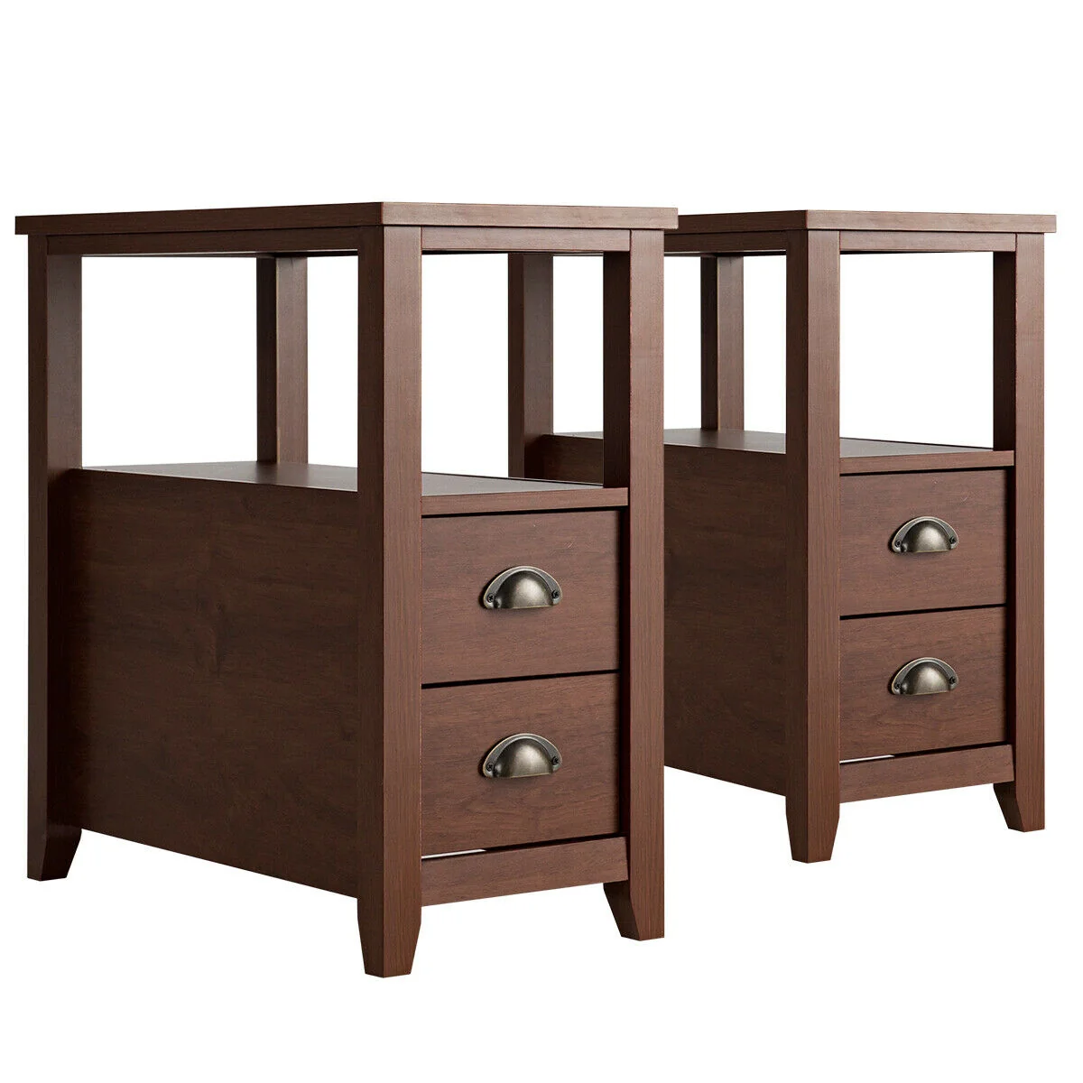 Set Of 2 Wooden End Tables, 2 Drawer & Shelf, Brown