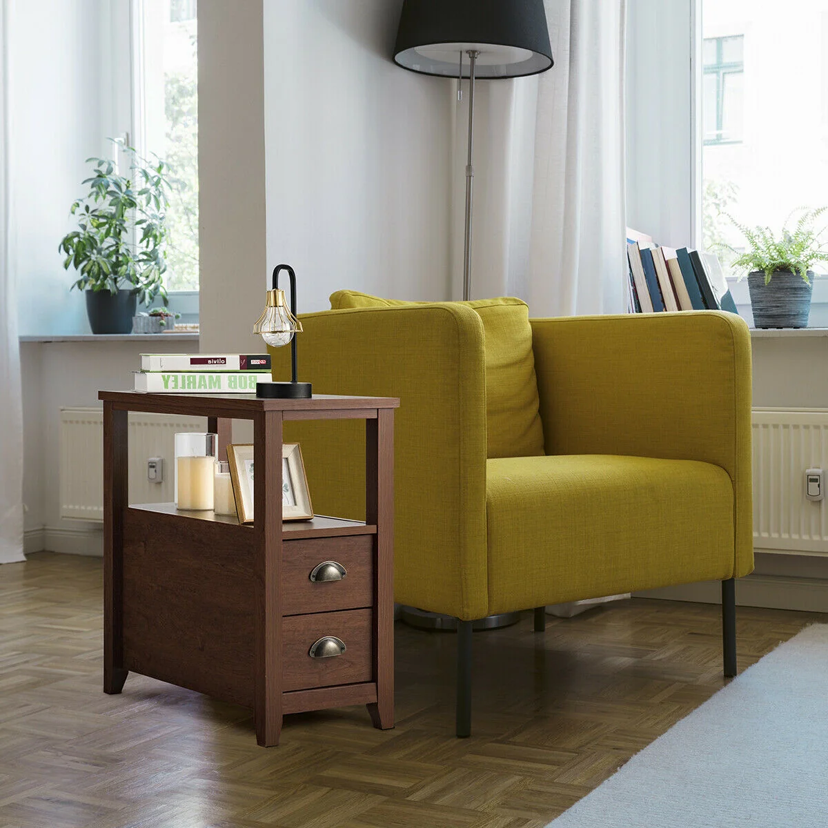 Set Of 2 Wooden End Tables, 2 Drawer & Shelf, Brown - Image 3