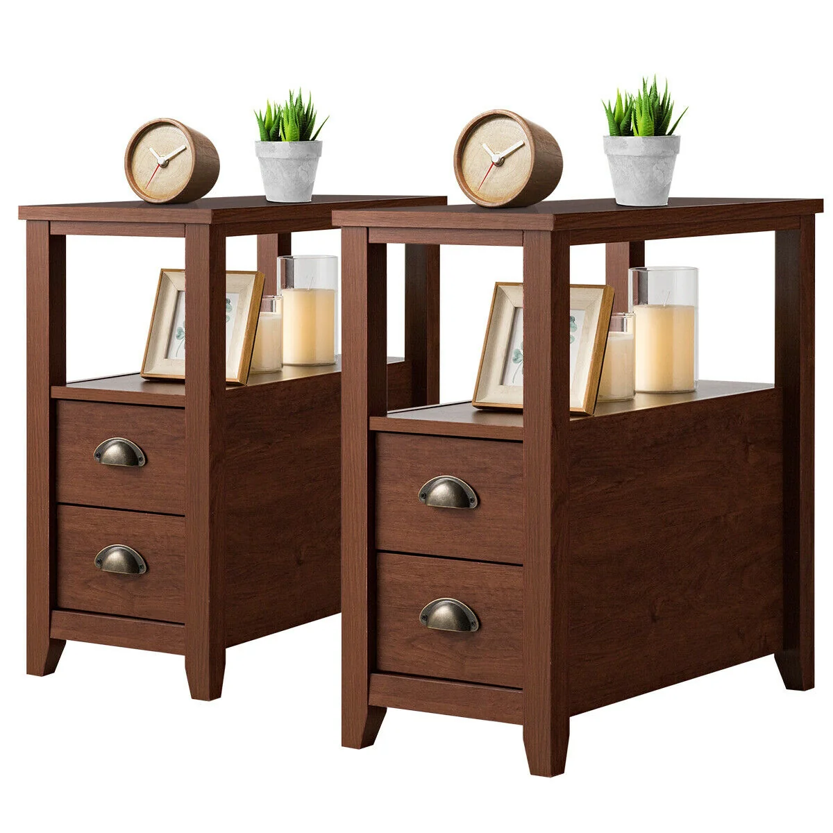 Set Of 2 Wooden End Tables, 2 Drawer & Shelf, Brown - Image 5