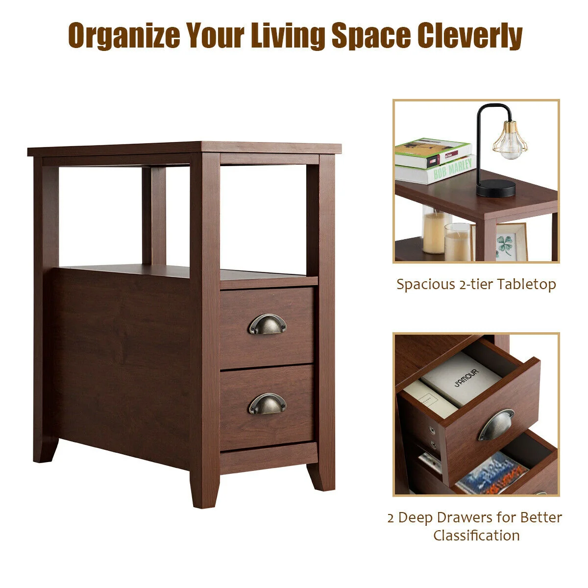 Set Of 2 Wooden End Tables, 2 Drawer & Shelf, Brown - Image 8