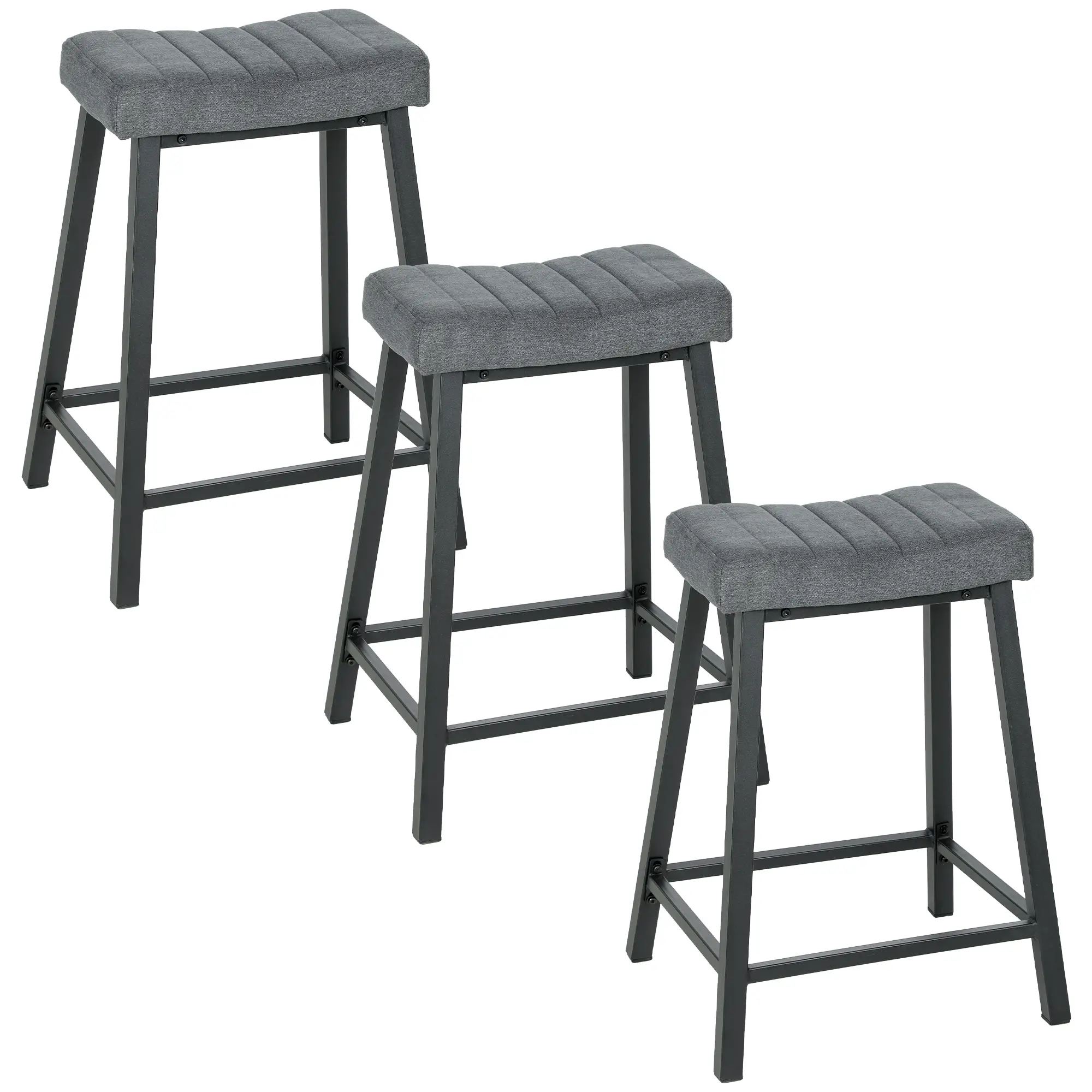 Set of 3 Velvet Bar Stools, Curved Seat with Footrest, Grey