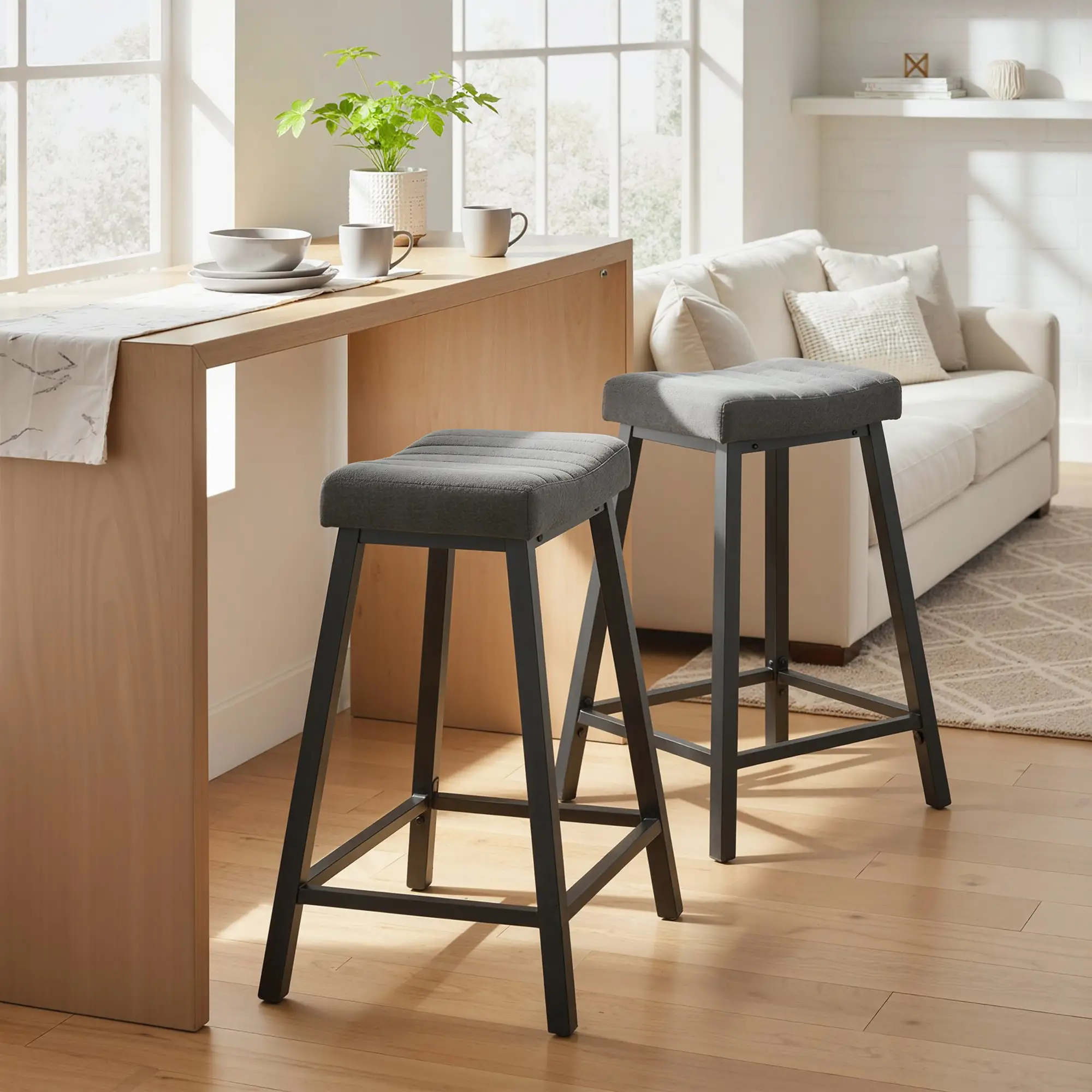 Set of 3 Velvet Bar Stools, Curved Seat with Footrest, Grey - Image 10