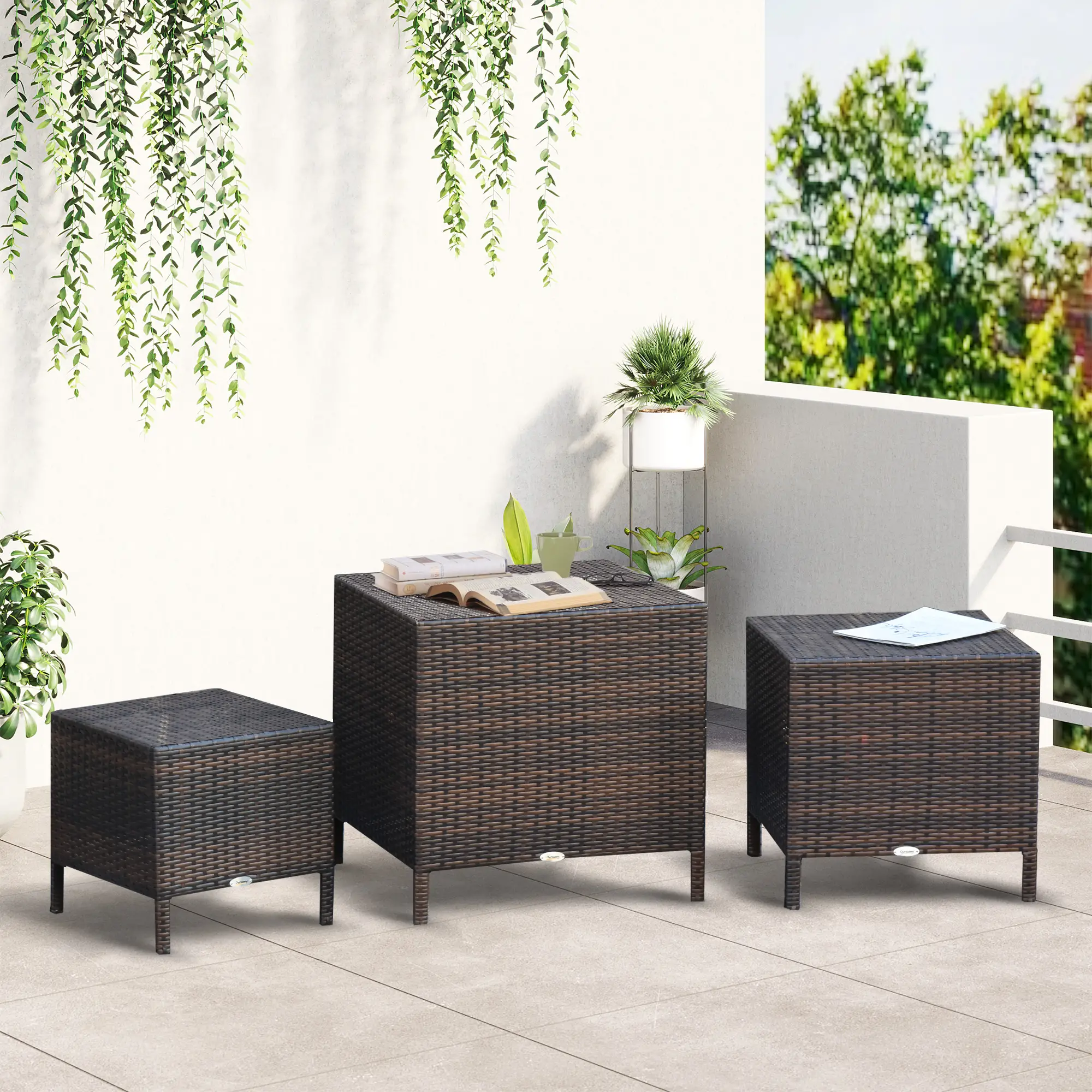 Set of 3 Wicker Nesting Tables, Rattan, All Weather, Brown - Image 2
