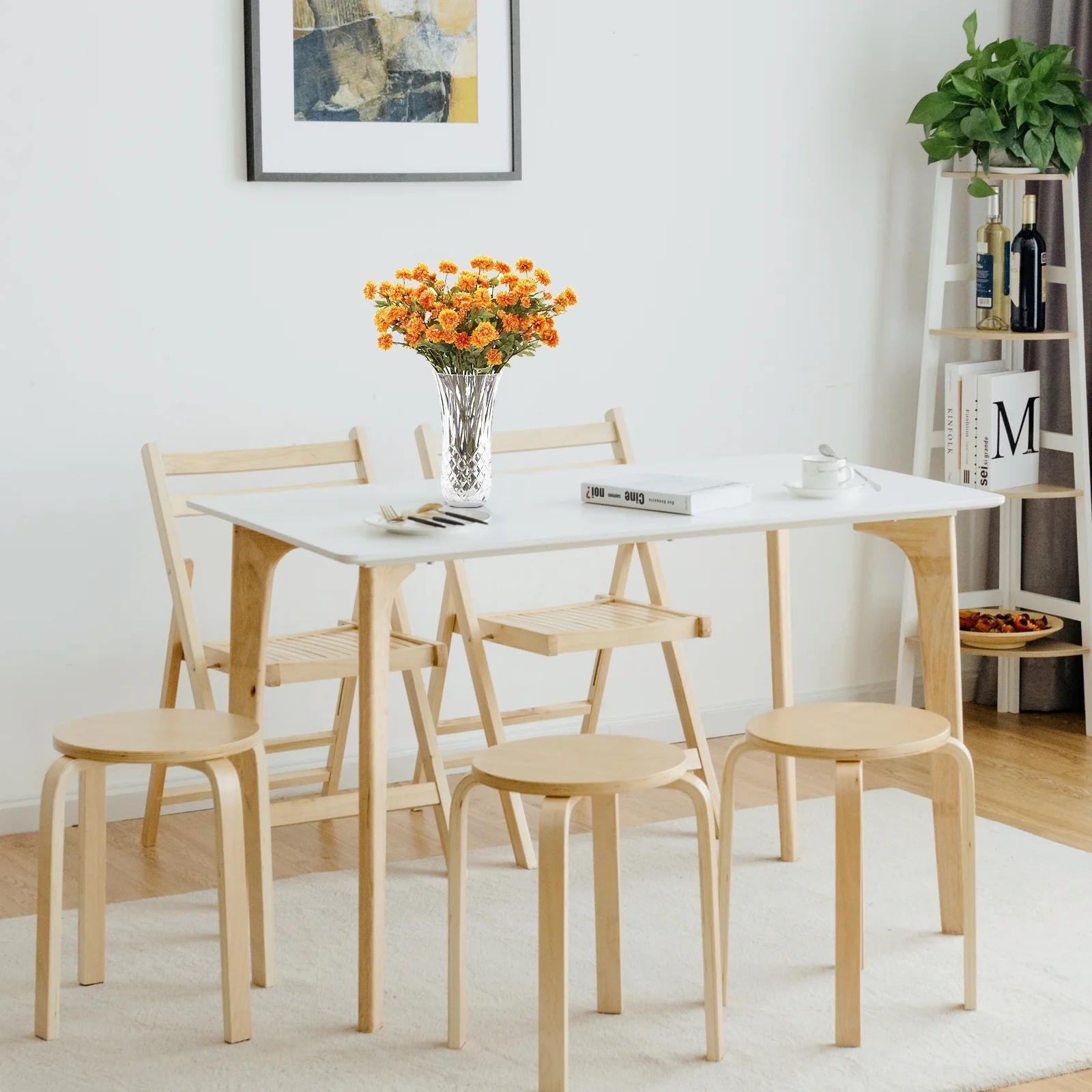 Set of 4 18 Inch Wood Home Backless Dining Chairs, Natural - Image 3