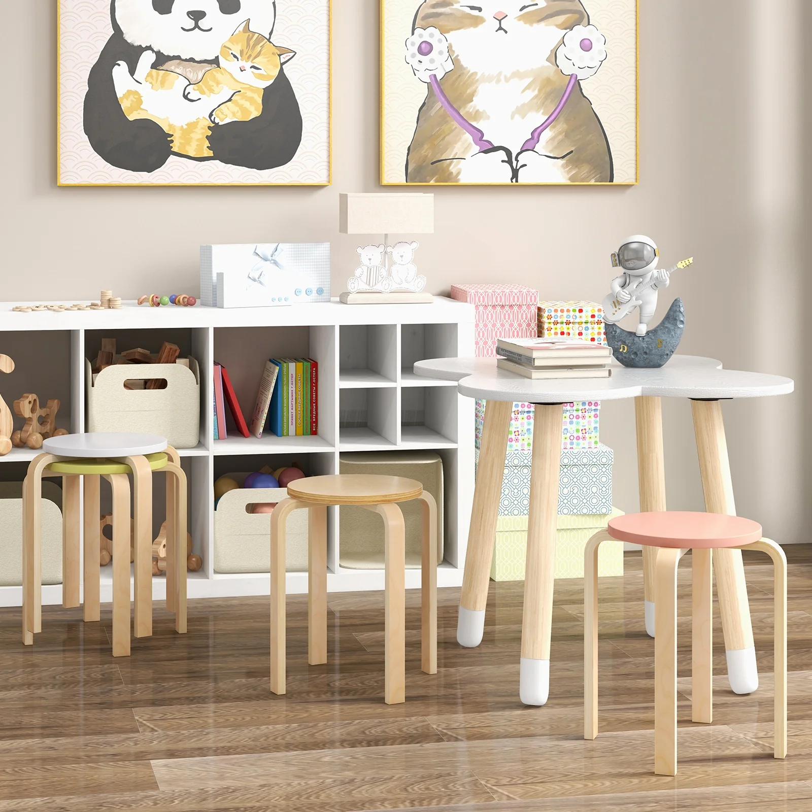 Set of 4 Bentwood Stackable Dining Stools, Round Tops, Multicolor - Image 3