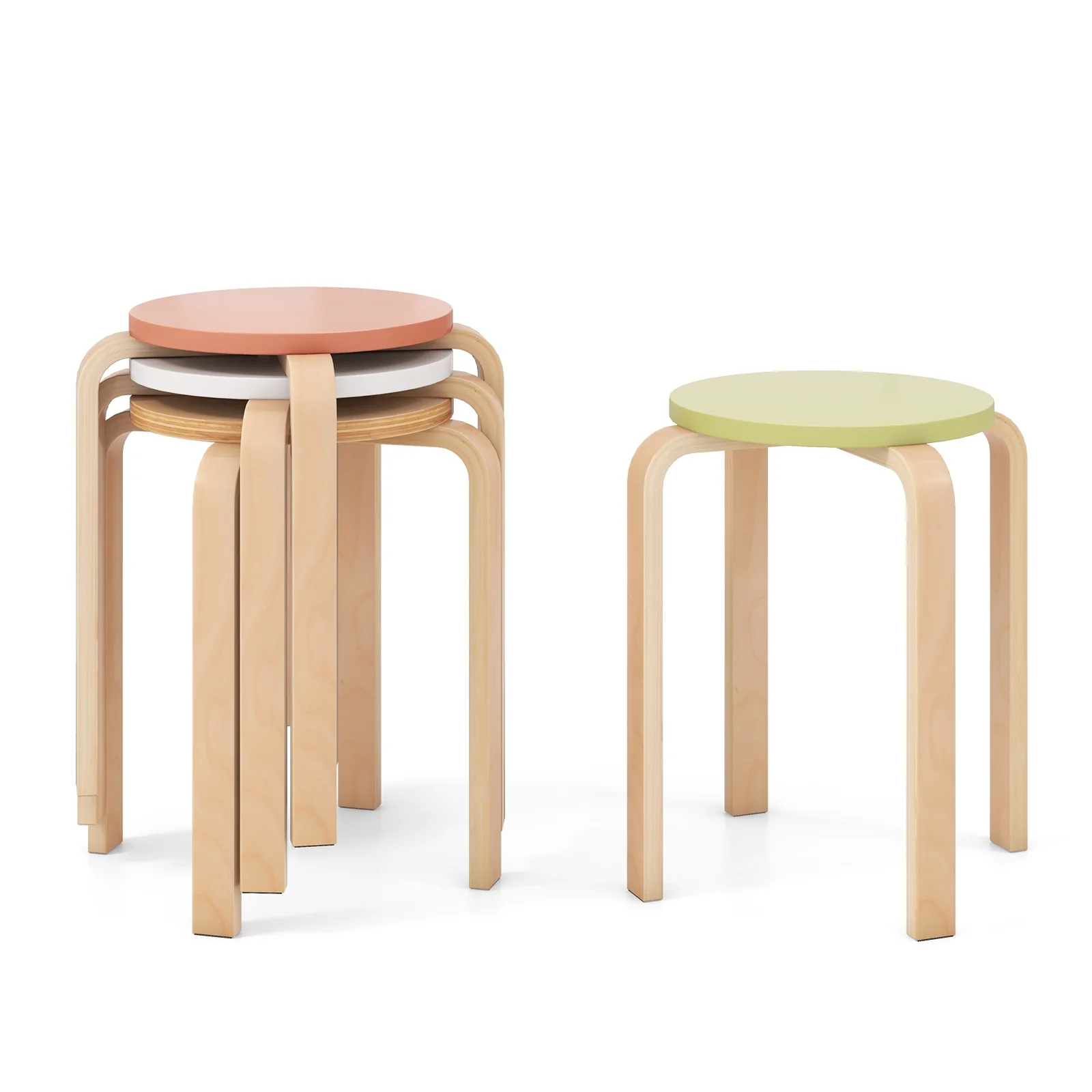 Set of 4 Bentwood Stackable Dining Stools, Round Tops, Multicolor - Image 5