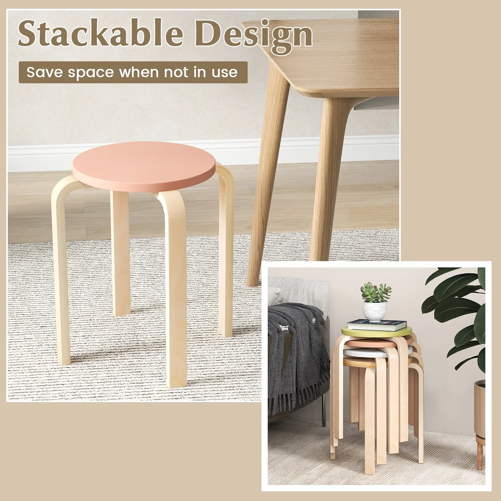 Set of 4 Bentwood Stackable Dining Stools, Round Tops, Multicolor - Image 8