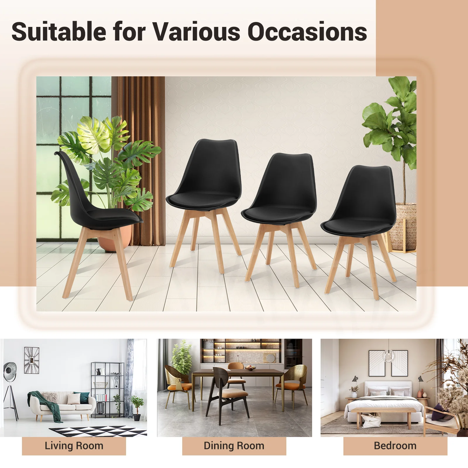 Set of 4 Dining Chairs, Mid-Century Modern, PU Seat, Wooden Legs, Black - Image 10