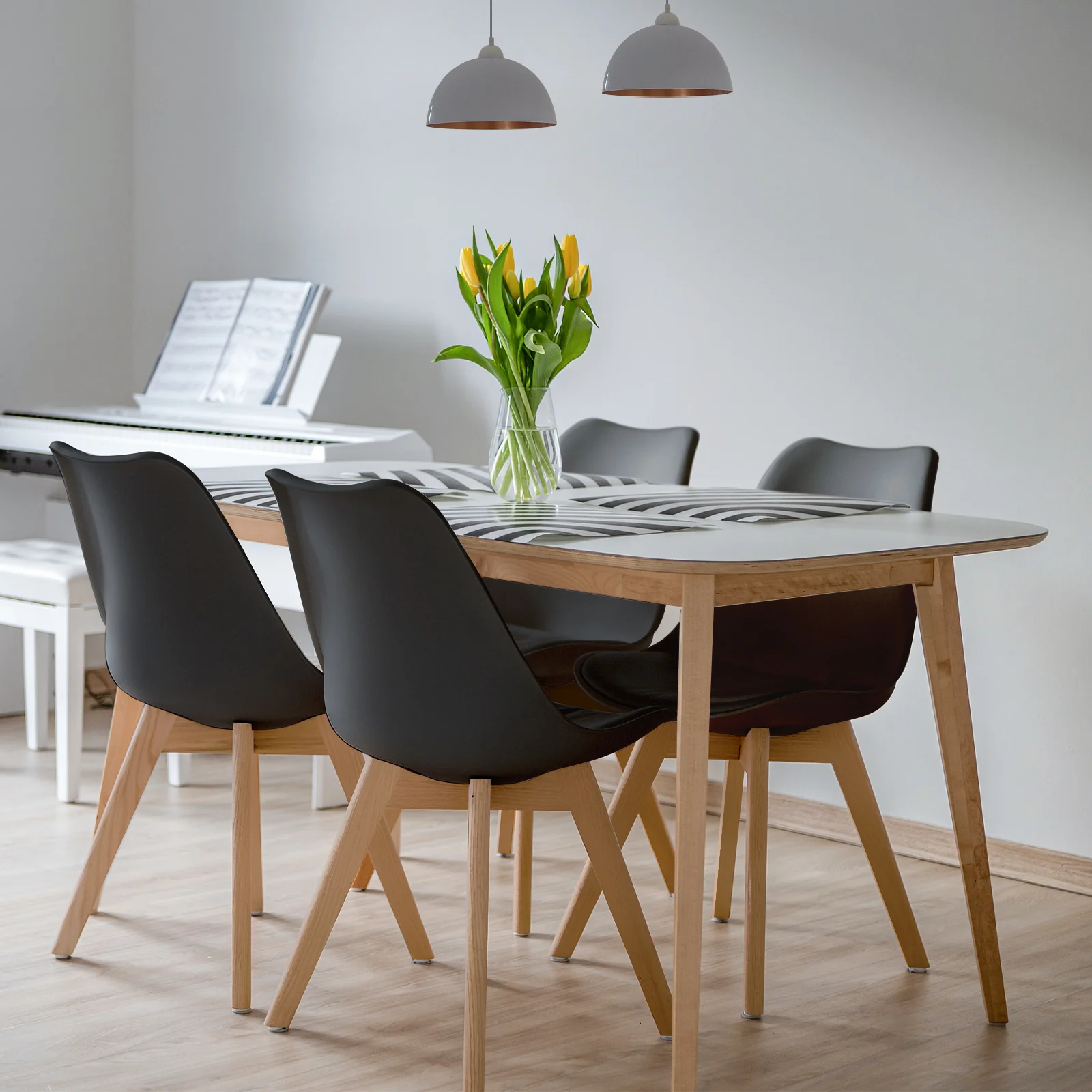 Set of 4 Dining Chairs, Mid-Century Modern, PU Seat, Wooden Legs, Black - Image 3