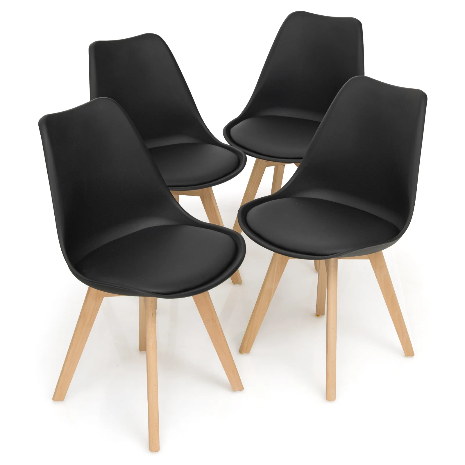 Set of 4 Dining Chairs, Mid-Century Modern, PU Seat, Wooden Legs, Black - Image 4