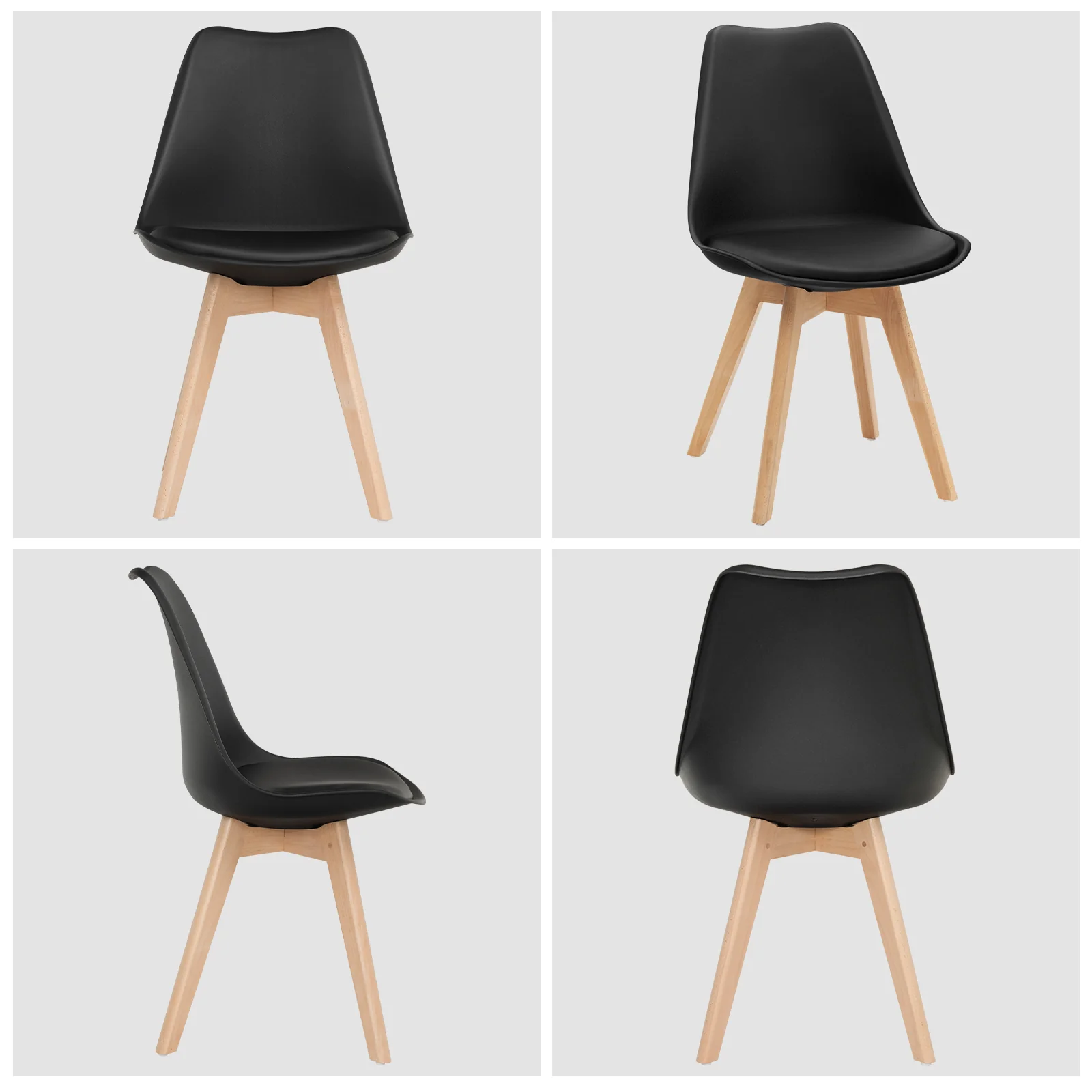 Set of 4 Dining Chairs, Mid-Century Modern, PU Seat, Wooden Legs, Black - Image 5