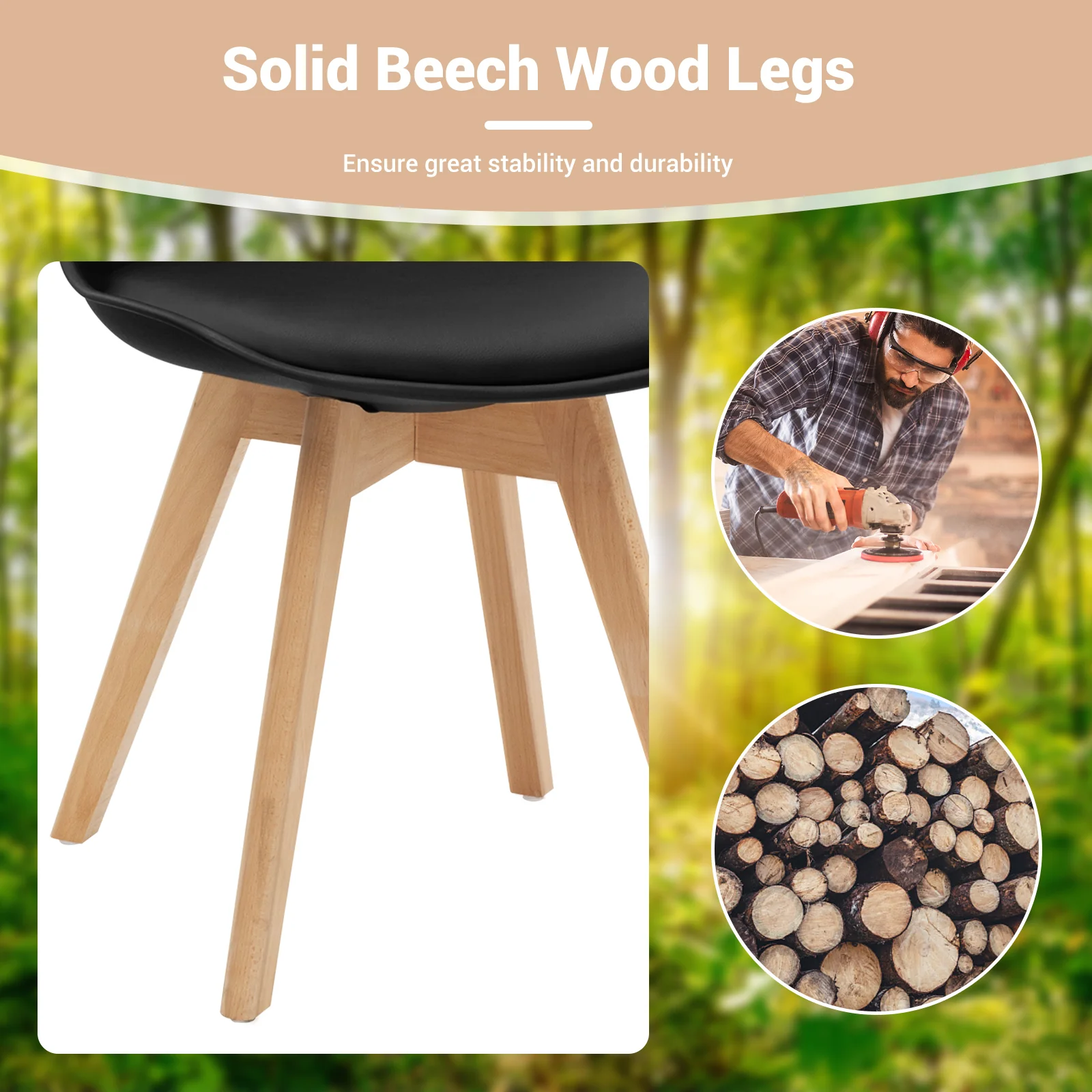 Set of 4 Dining Chairs, Mid-Century Modern, PU Seat, Wooden Legs, Black - Image 7