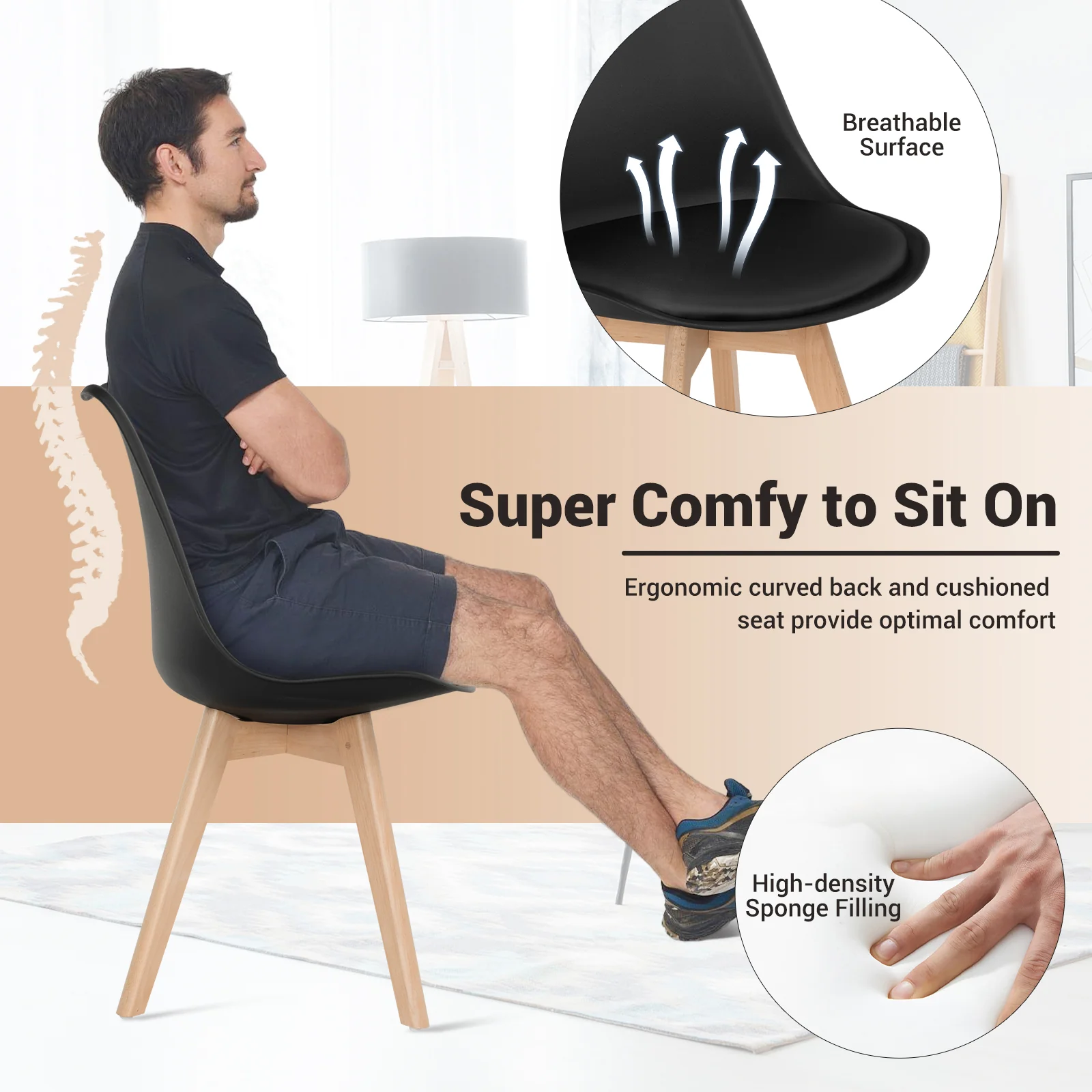 Set of 4 Dining Chairs, Mid-Century Modern, PU Seat, Wooden Legs, Black - Image 8