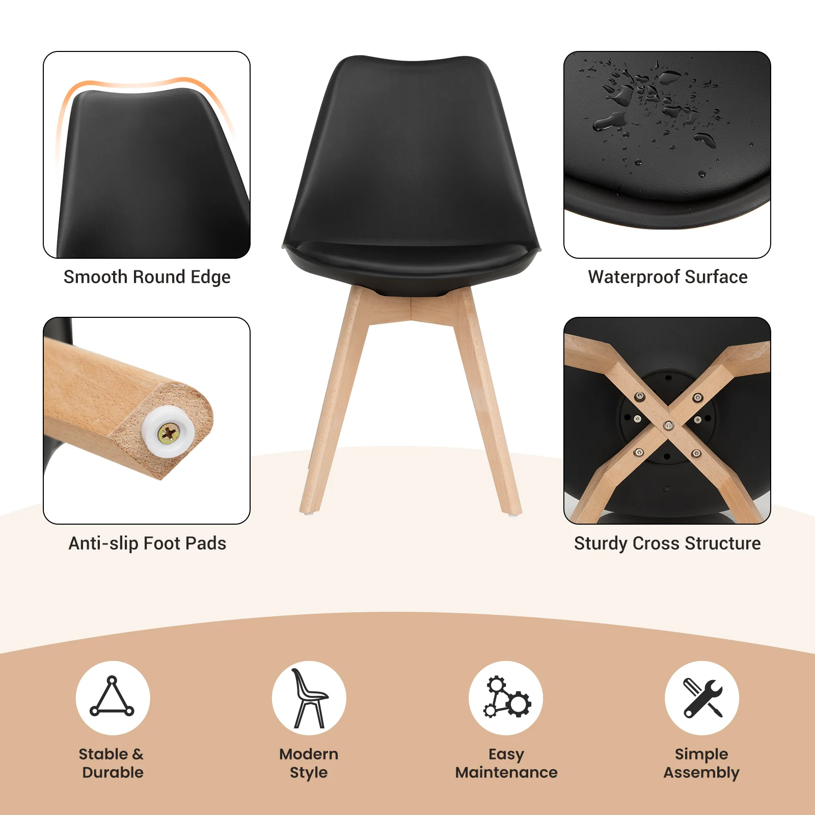 Set of 4 Dining Chairs, Mid-Century Modern, PU Seat, Wooden Legs, Black - Image 9