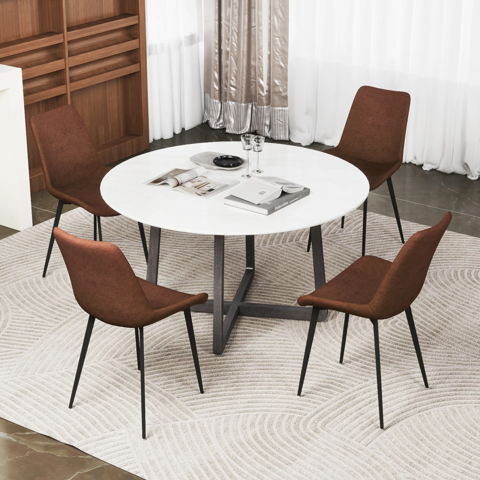 Set of 4 Dining Chairs, Upholstered, Metal Legs, Padded Backs, Brown - Image 2