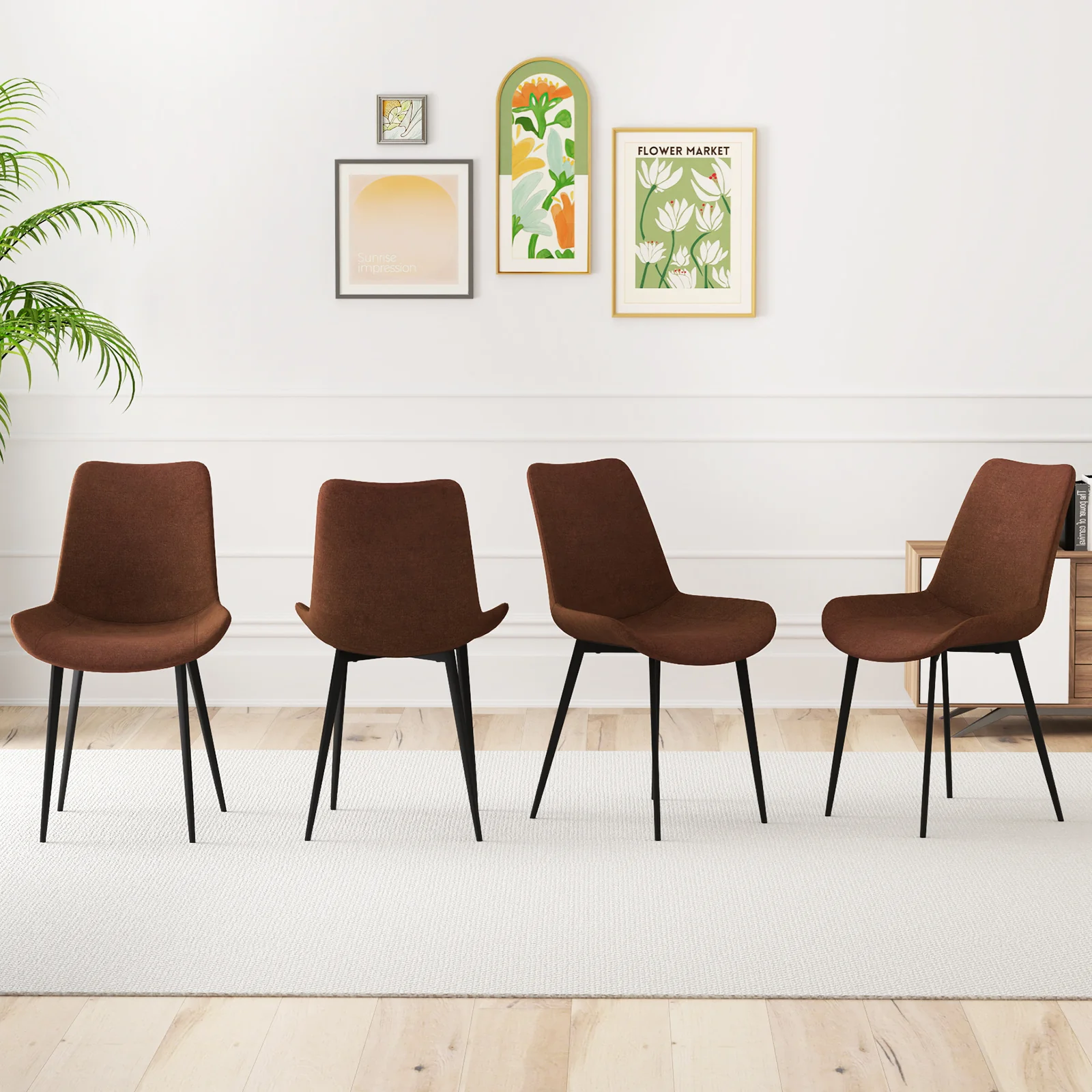 Set of 4 Dining Chairs, Upholstered, Metal Legs, Padded Backs, Brown - Image 3