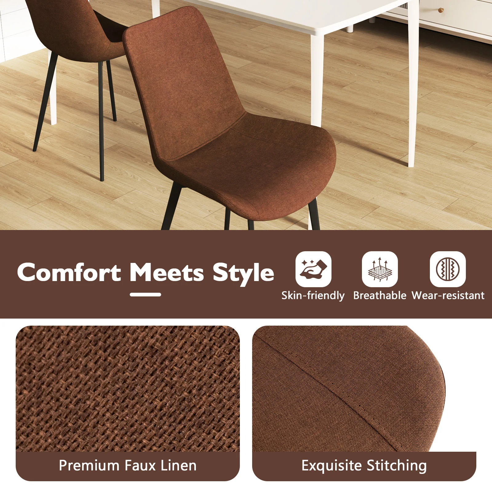Set of 4 Dining Chairs, Upholstered, Metal Legs, Padded Backs, Brown - Image 8