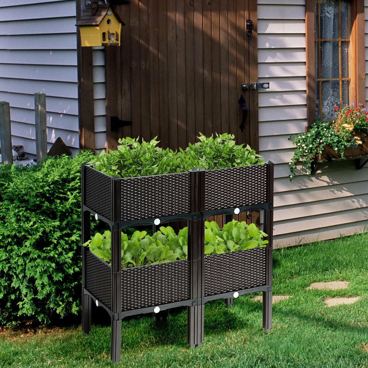 Set Of 4 Elevated Flower Vegetable Herb Grow Planter Box, Brown - Image 2