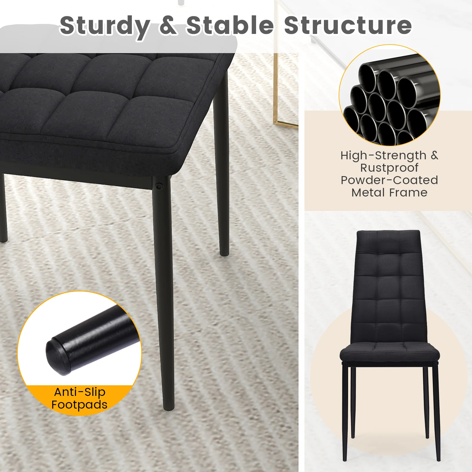 Set of 4 Fabric Dining Chairs, Upholstered Cushion, High Back, Black - Image 7