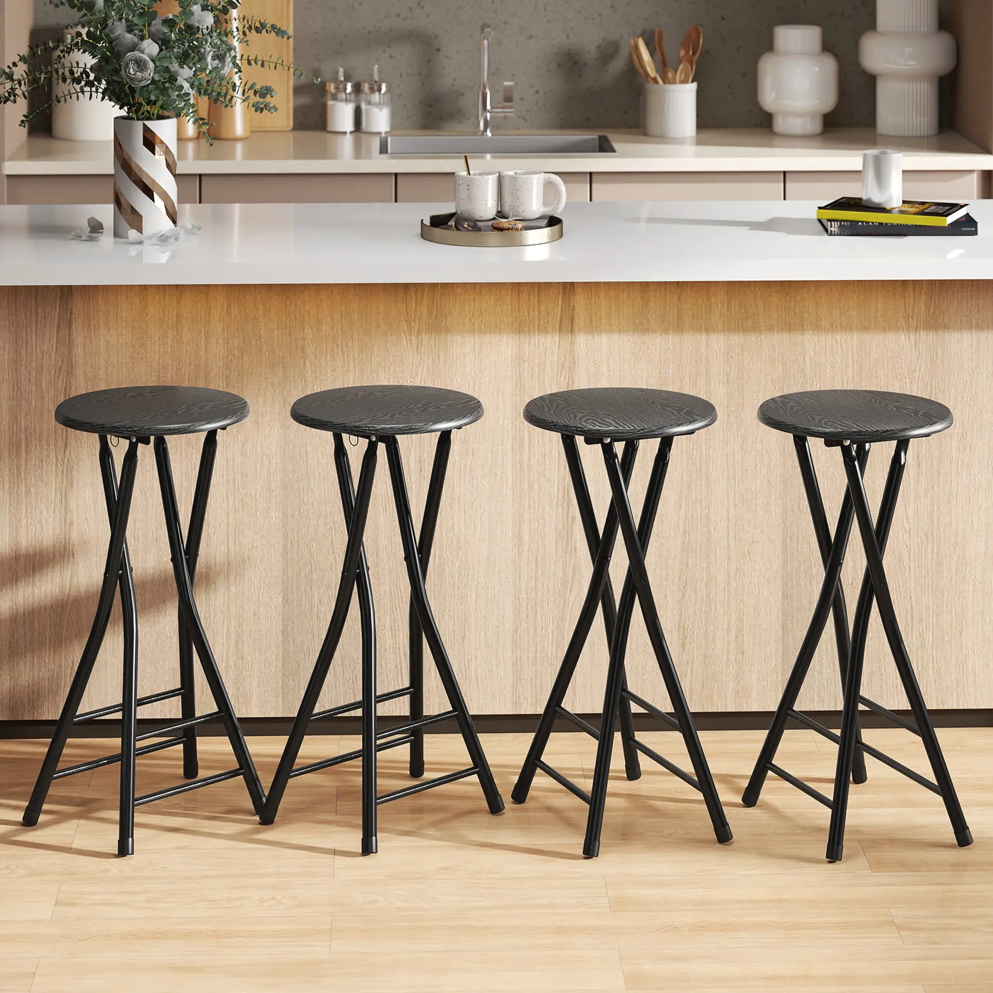 Set of 4 Foldable Barstools, Counter Height with Footrest, Steel Legs, Black - Image 2