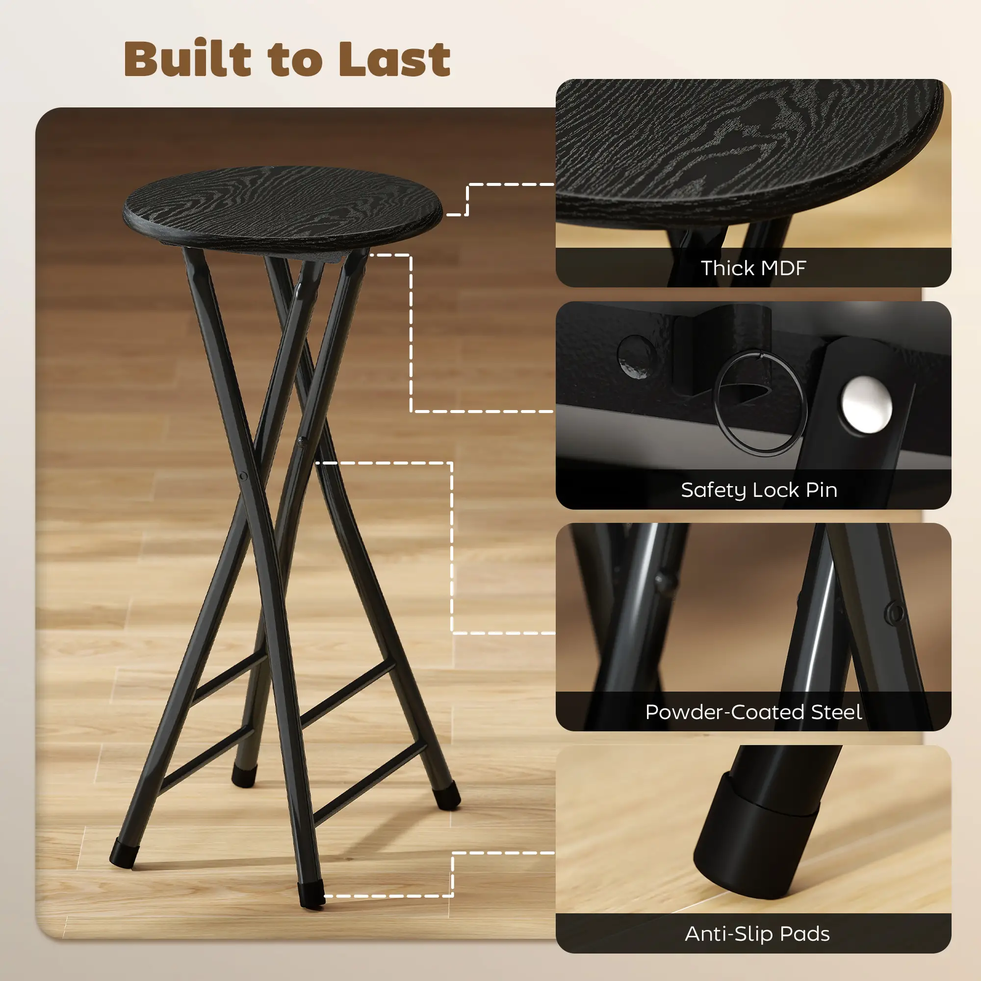 Set of 4 Foldable Barstools, Counter Height with Footrest, Steel Legs, Black - Image 5
