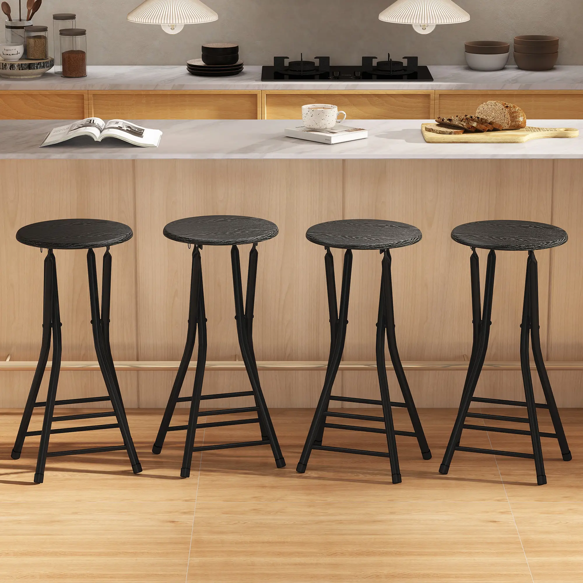 Set of 4 Foldable Barstools, Counter Height with Footrest, Steel Legs, Black - Image 8