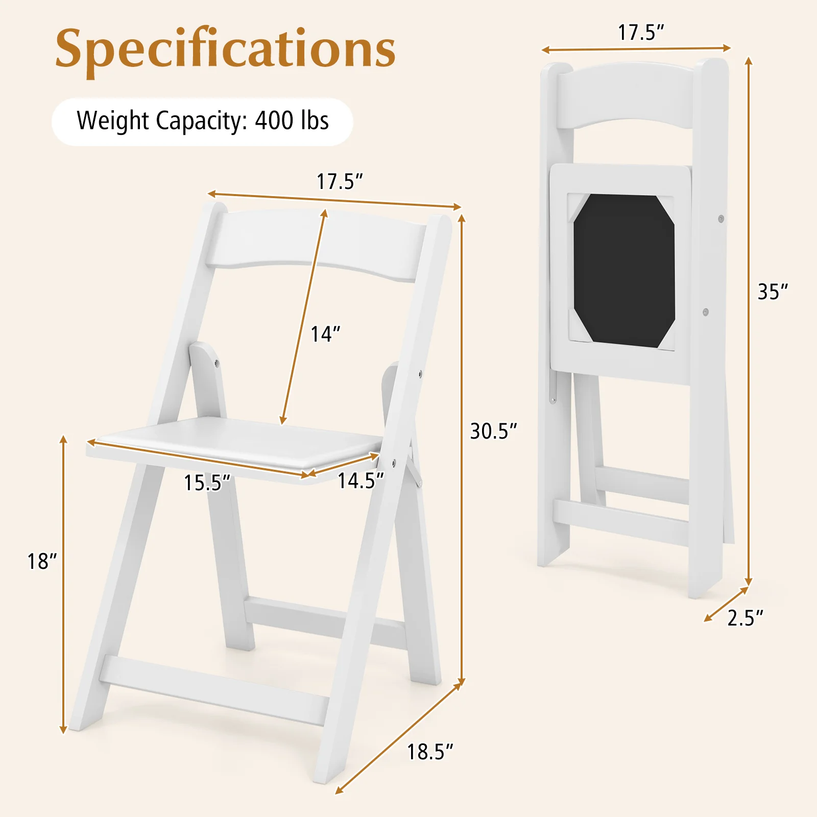 Set of 4 Foldable Kitchen Chairs, Rubber Wood Legs, Padded Seat, White - Image 6