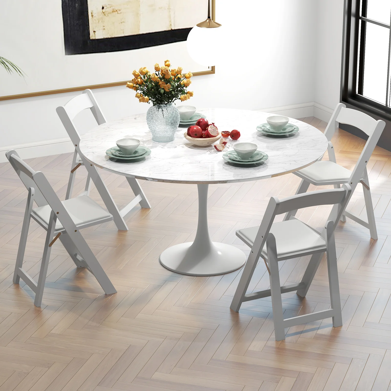 Set of 4 Foldable Kitchen Chairs, Rubber Wood Legs, Padded Seat, White - Image 7