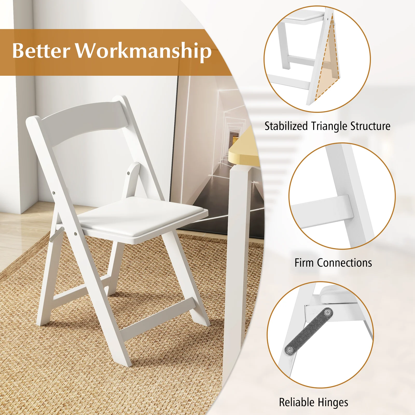 Set of 4 Foldable Kitchen Chairs, Rubber Wood Legs, Padded Seat, White - Image 9