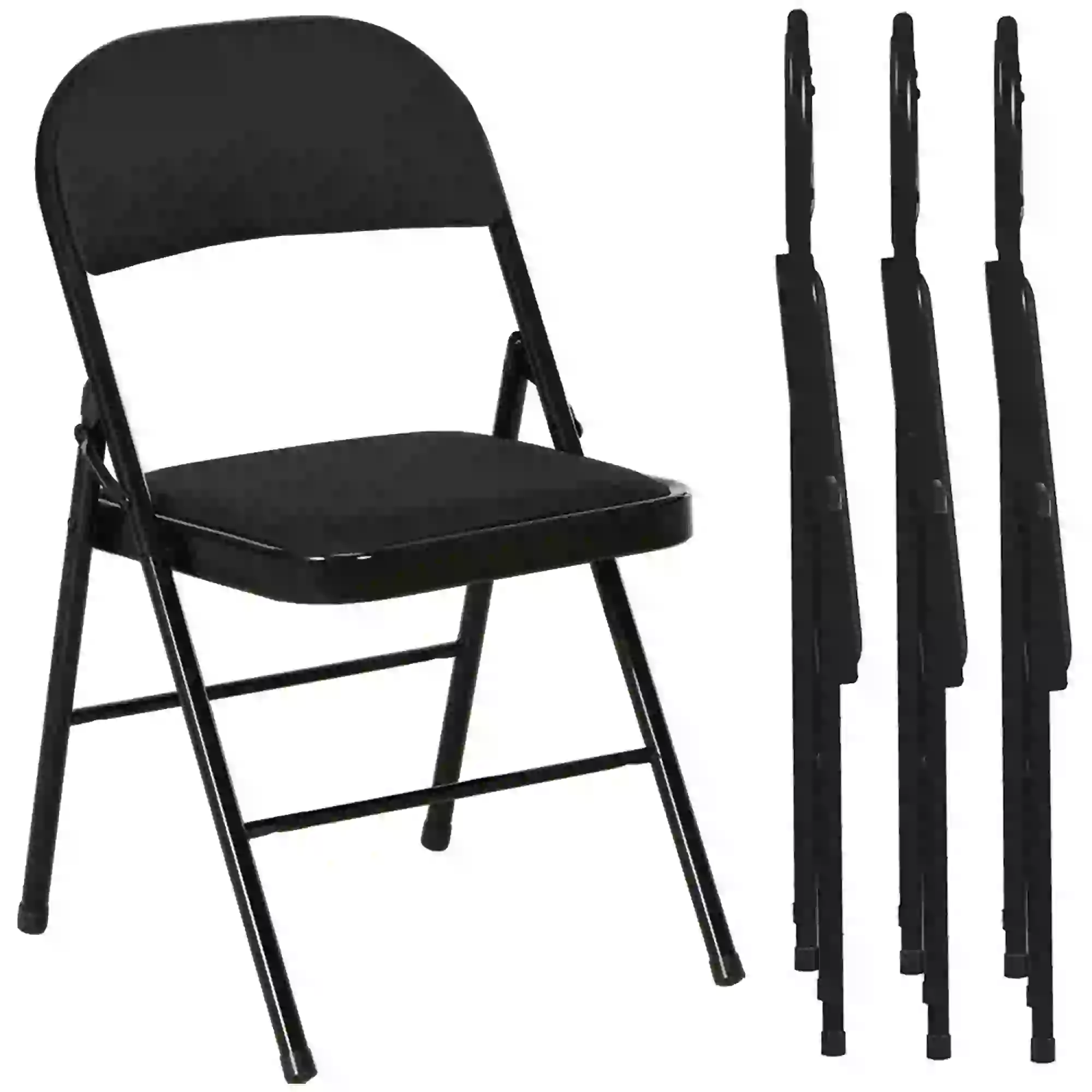Set of 4 Foldable Metal Chairs, Linen Padded Seat, Open Back, Black