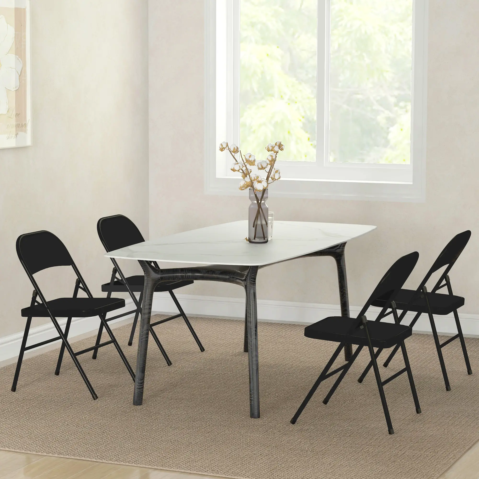 Set of 4 Foldable Metal Chairs, Linen Padded Seat, Open Back, Black - Image 10