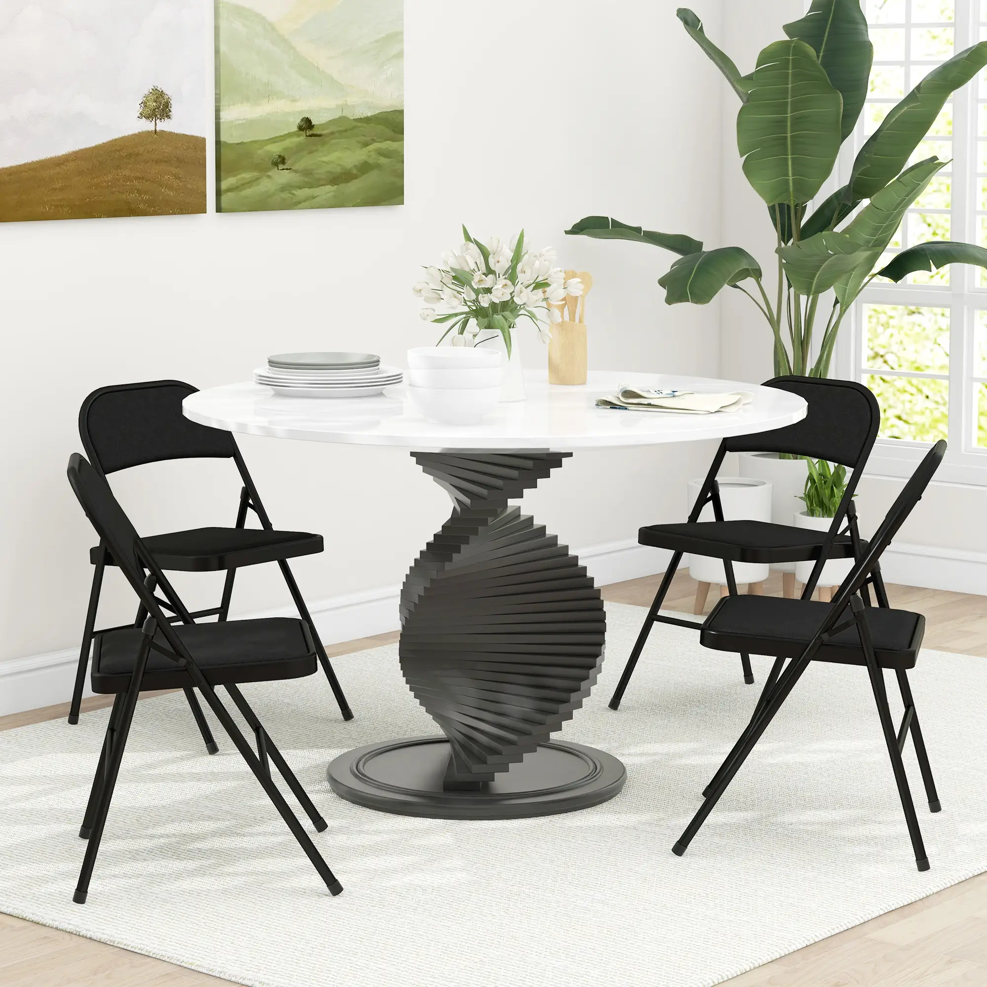 Set of 4 Foldable Metal Chairs, Linen Padded Seat, Open Back, Black - Image 2