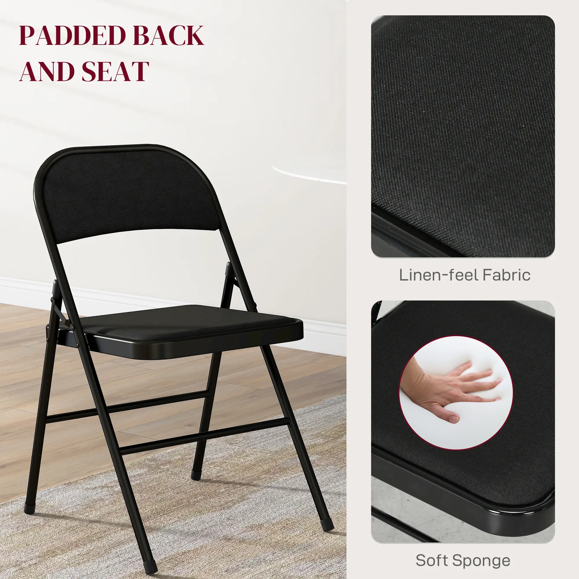 Set of 4 Foldable Metal Chairs, Linen Padded Seat, Open Back, Black - Image 4