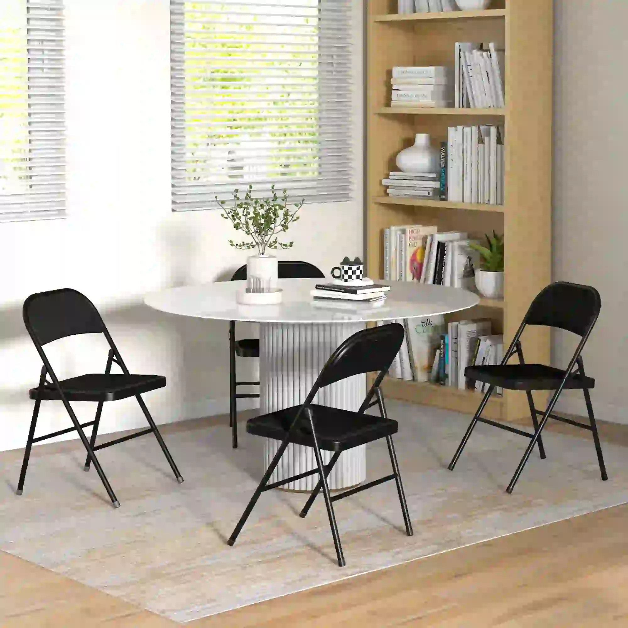 Set of 4 Foldable Metal Chairs, Linen Padded Seat, Open Back, Black - Image 8
