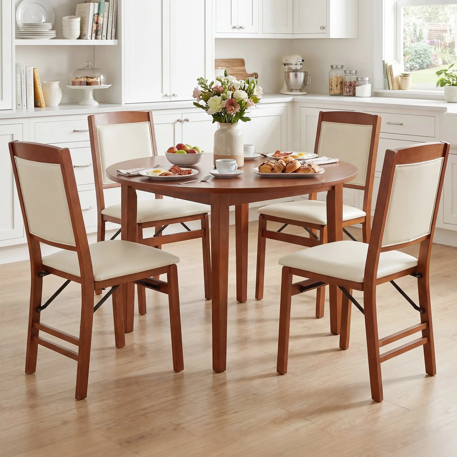 Set Of 4 Folding Dining Chairs, Padded Seat, High Backrest, Walnut - Image 2