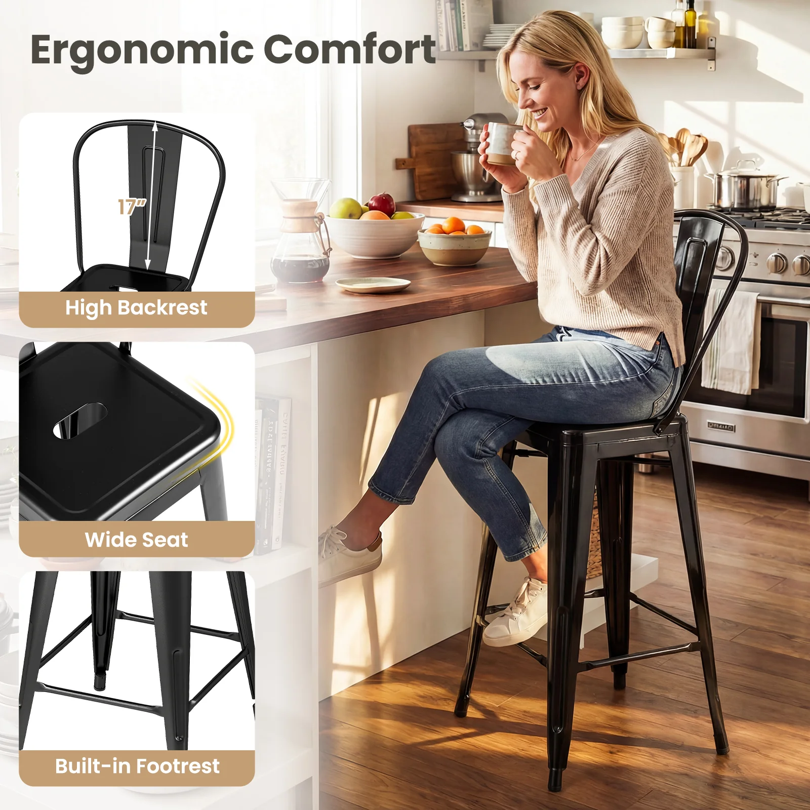 Set of 4 Metal Bar Stools with Backrests, Black - Image 5