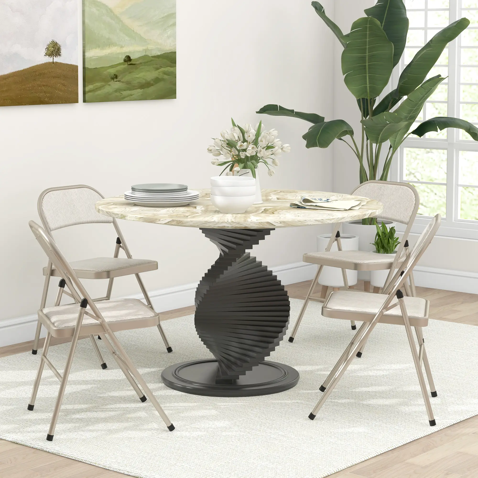 Set of 4 Metal Foldable Chairs, Linen Padded with Cushion Seat, Beige - Image 2