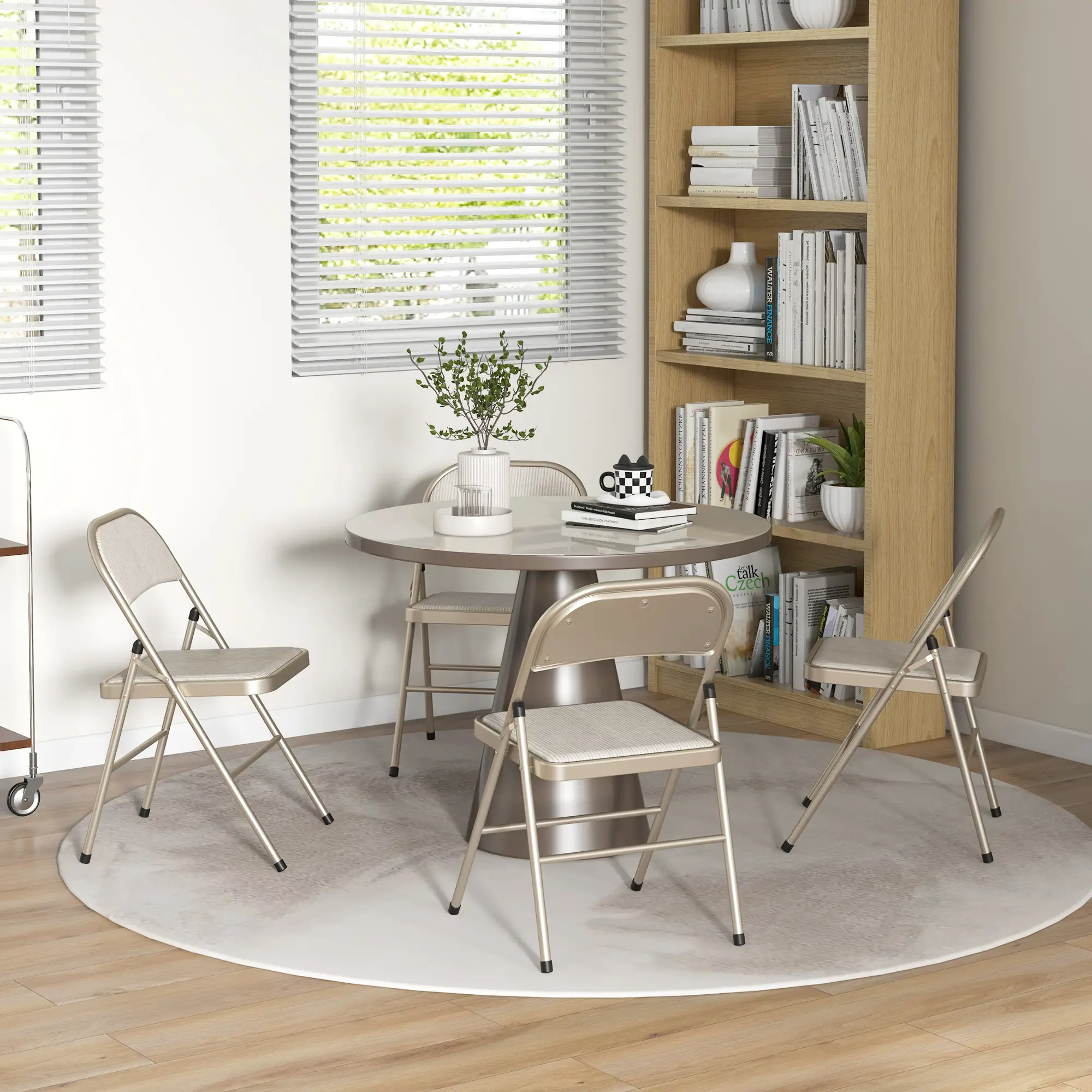 Set of 4 Metal Foldable Chairs, Linen Padded with Cushion Seat, Beige - Image 8