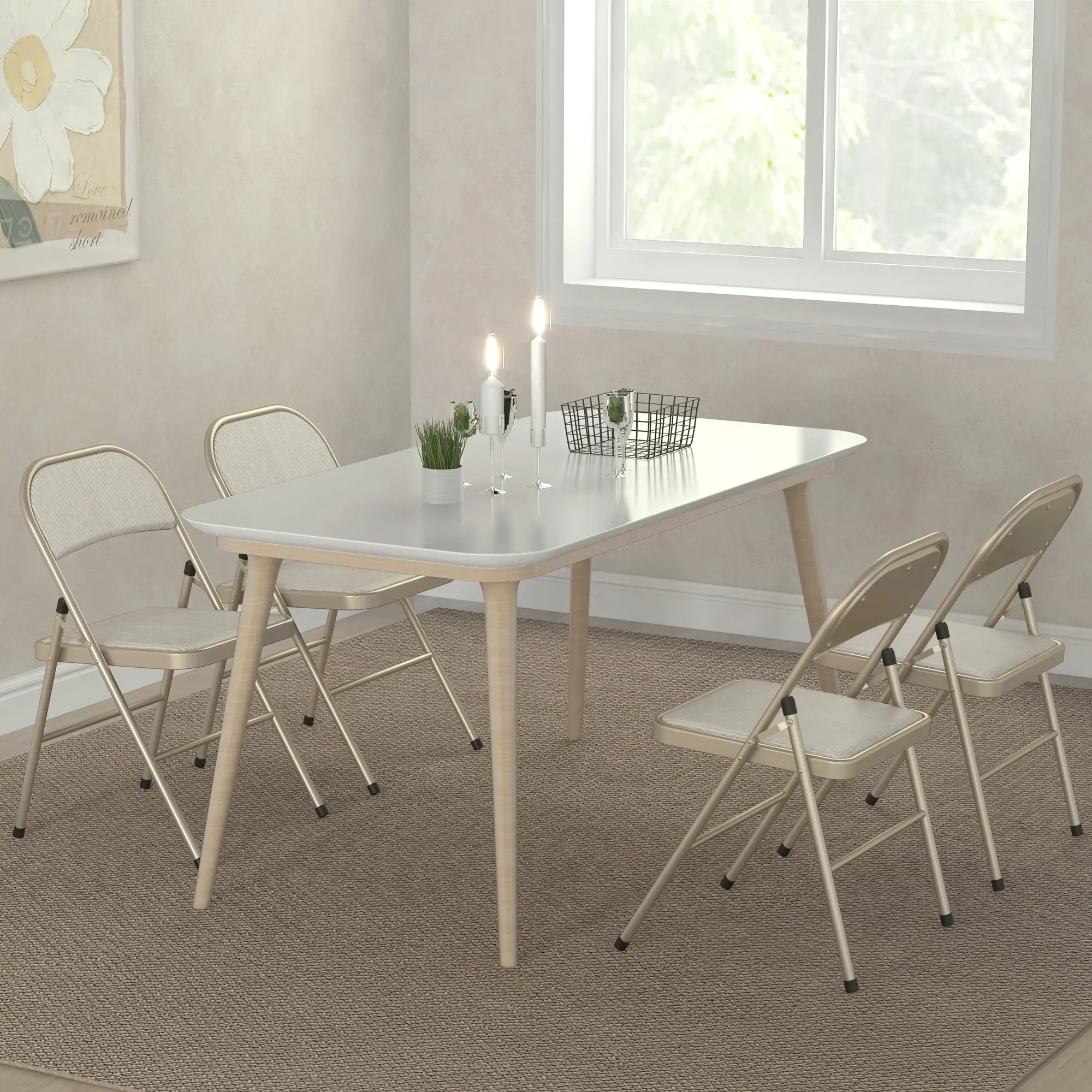Set of 4 Metal Foldable Chairs, Linen Padded with Cushion Seat, Beige - Image 9