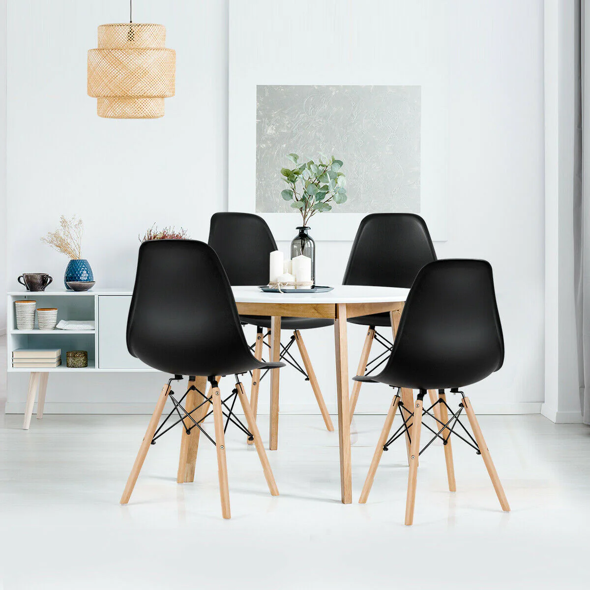 Set Of 4 Modern Dining Side Chairs, Wood Legs, Black - Image 3